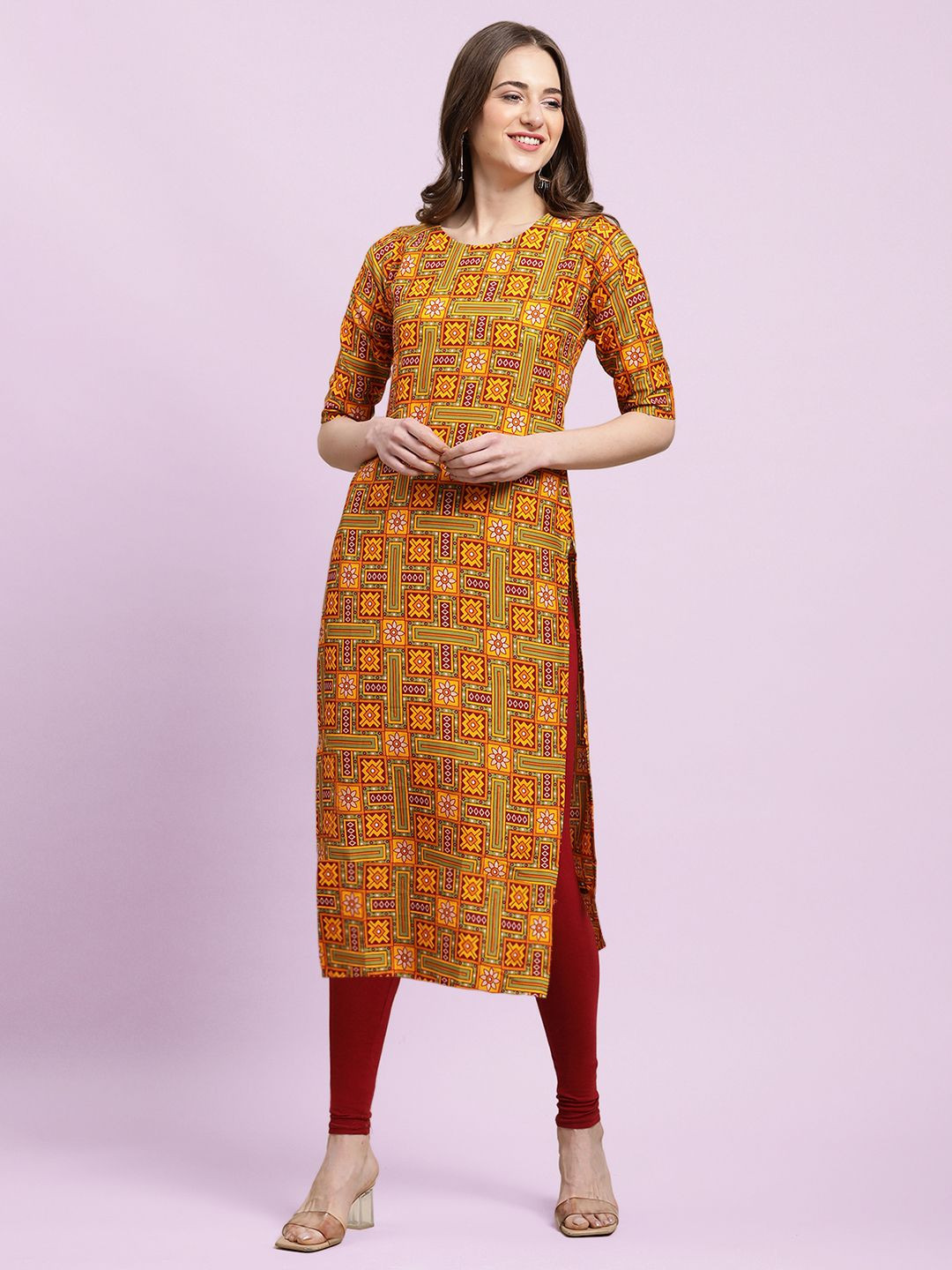 

Moda Rapido Ethnic Motifs Printed Round Neck Straight Kurta, Mustard