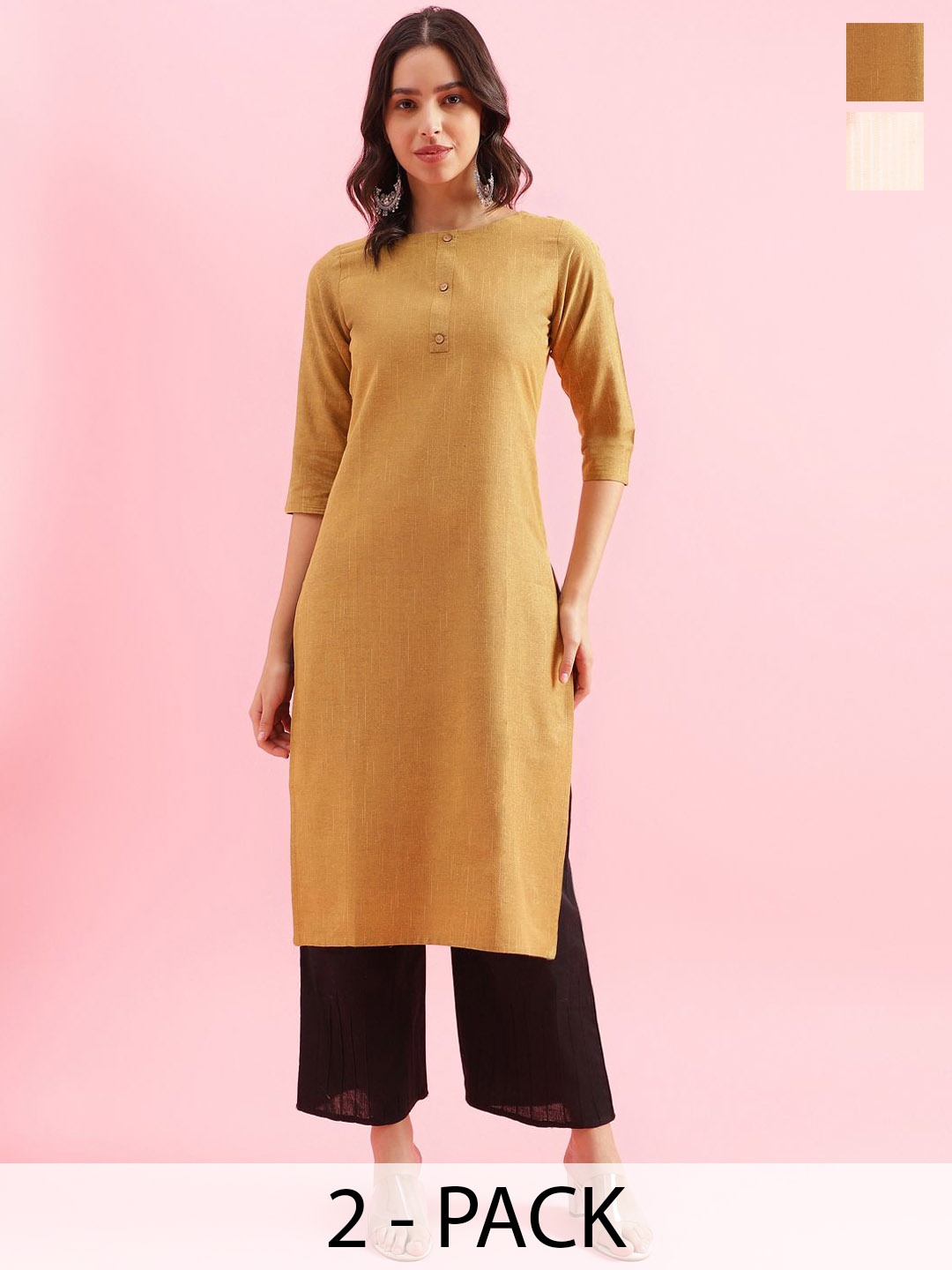 

KALINI Selection Of 2 Woven Desgin Round Neck Straight Kurtas, Mustard