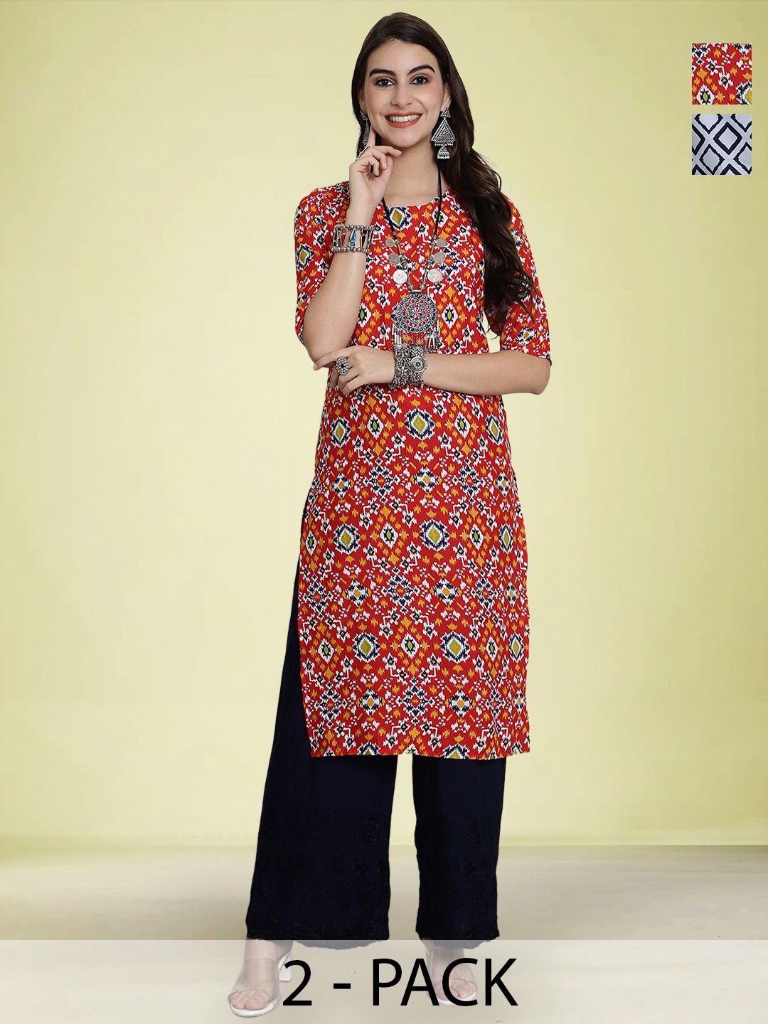 

Moda Rapido Selection Of 2 Ethnic Motifs Printed Kurtas, Red
