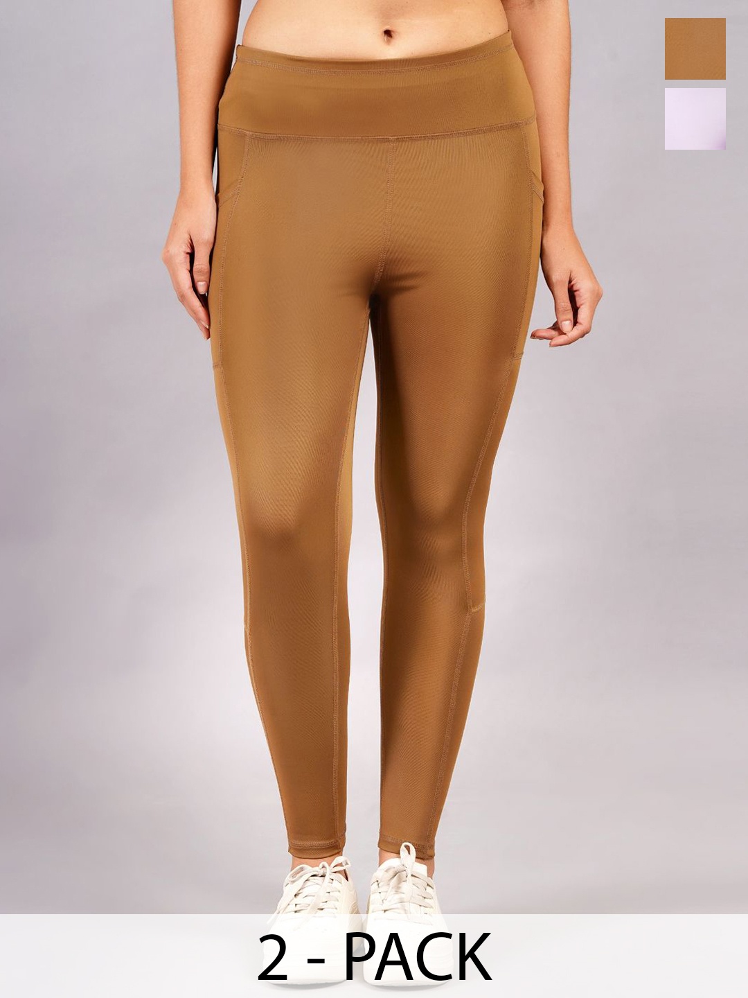 

NEVER LOSE Women Pack Of 2 High-Rise Ankle-Length Tights, Brown