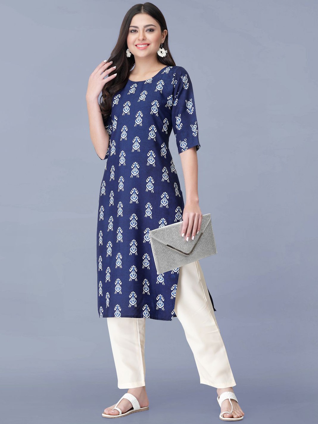 

Moda Rapido Floral Printed Round Neck Straight Kurta With Trousers, Blue