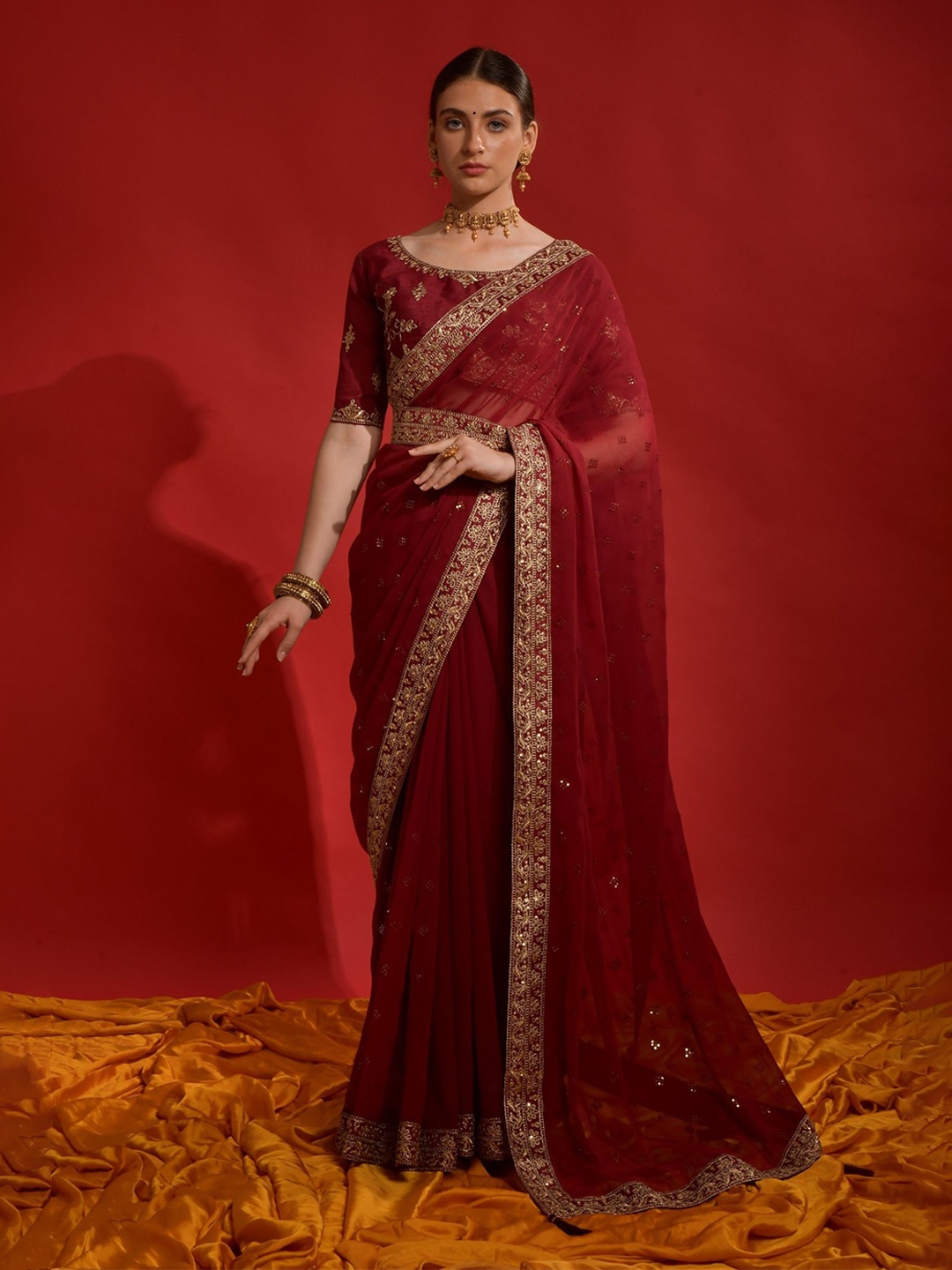 

LeeliPeeri Designer Ethnic Motifs Embroidered Pure Georgette Saree, Red