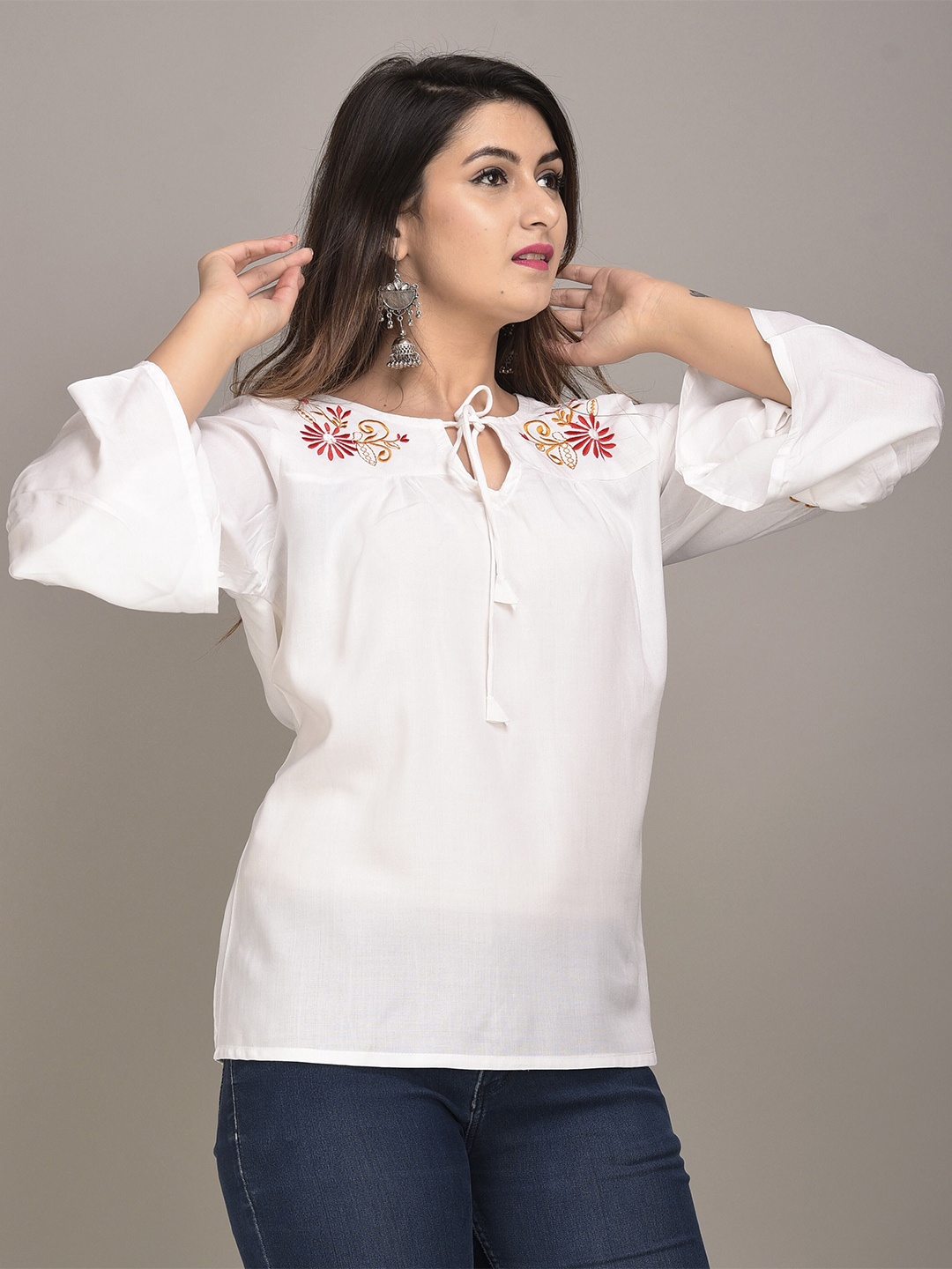 

VYMO Tie-Up Neck Floral Embroidery Top, White