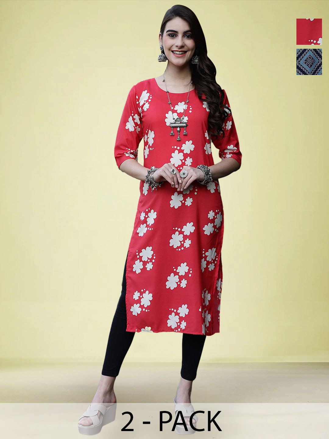 

Moda Rapido Selection Of 2 Floral Printed Round Neck Straight Kurtas, Red
