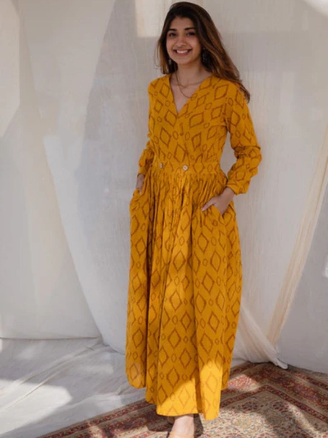 

THE INDIAN ETHNIC CO Ethnic Motifs Print A-Line Maxi Dress, Yellow