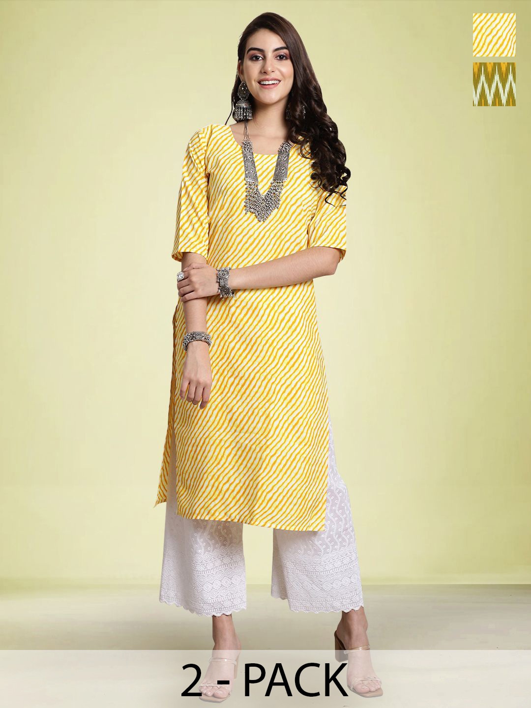 

Moda Rapido Selection Of 2 Leheriya Printed Round Neck Straight Kurtas, Yellow