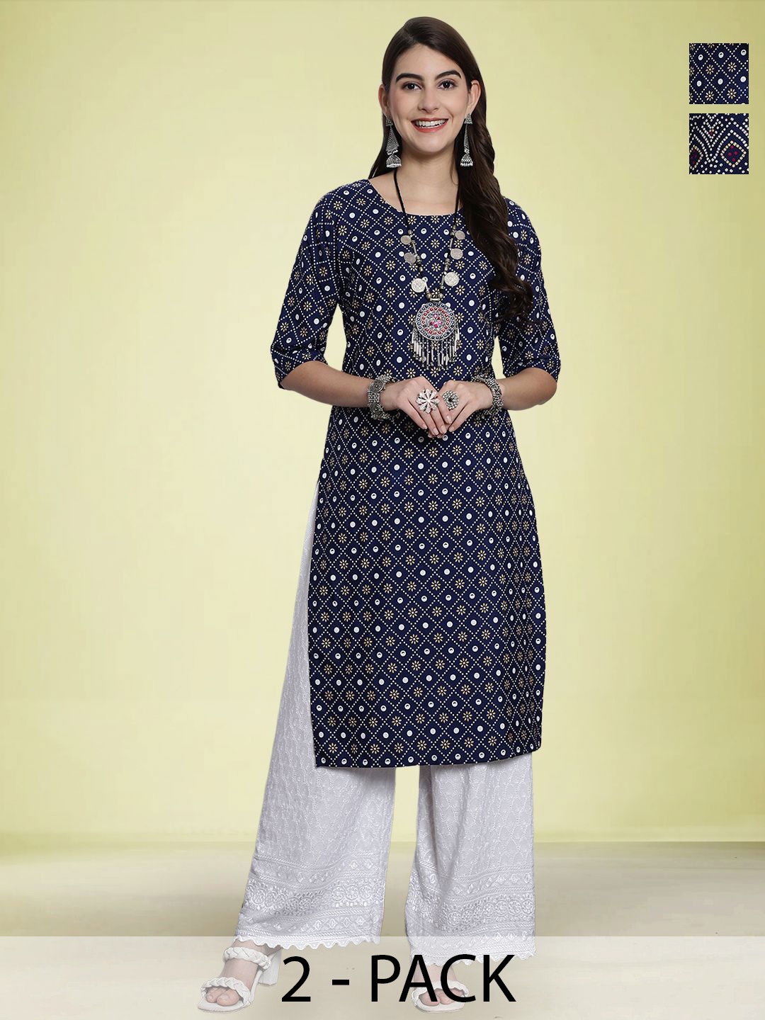 

Moda Rapido Pack Of 2 Ethnic Motifs Printed Round Neck Straight Kurtas, Navy blue
