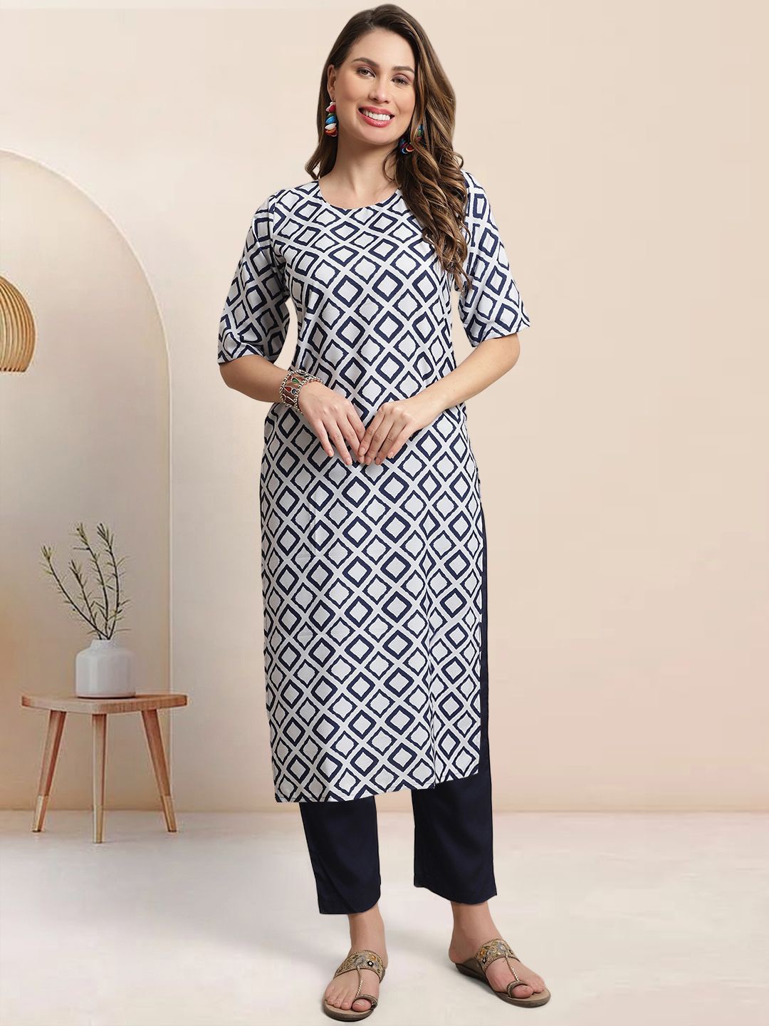 

Moda Rapido Geometric Printed Round Neck Straight Kurta With Trouser, White