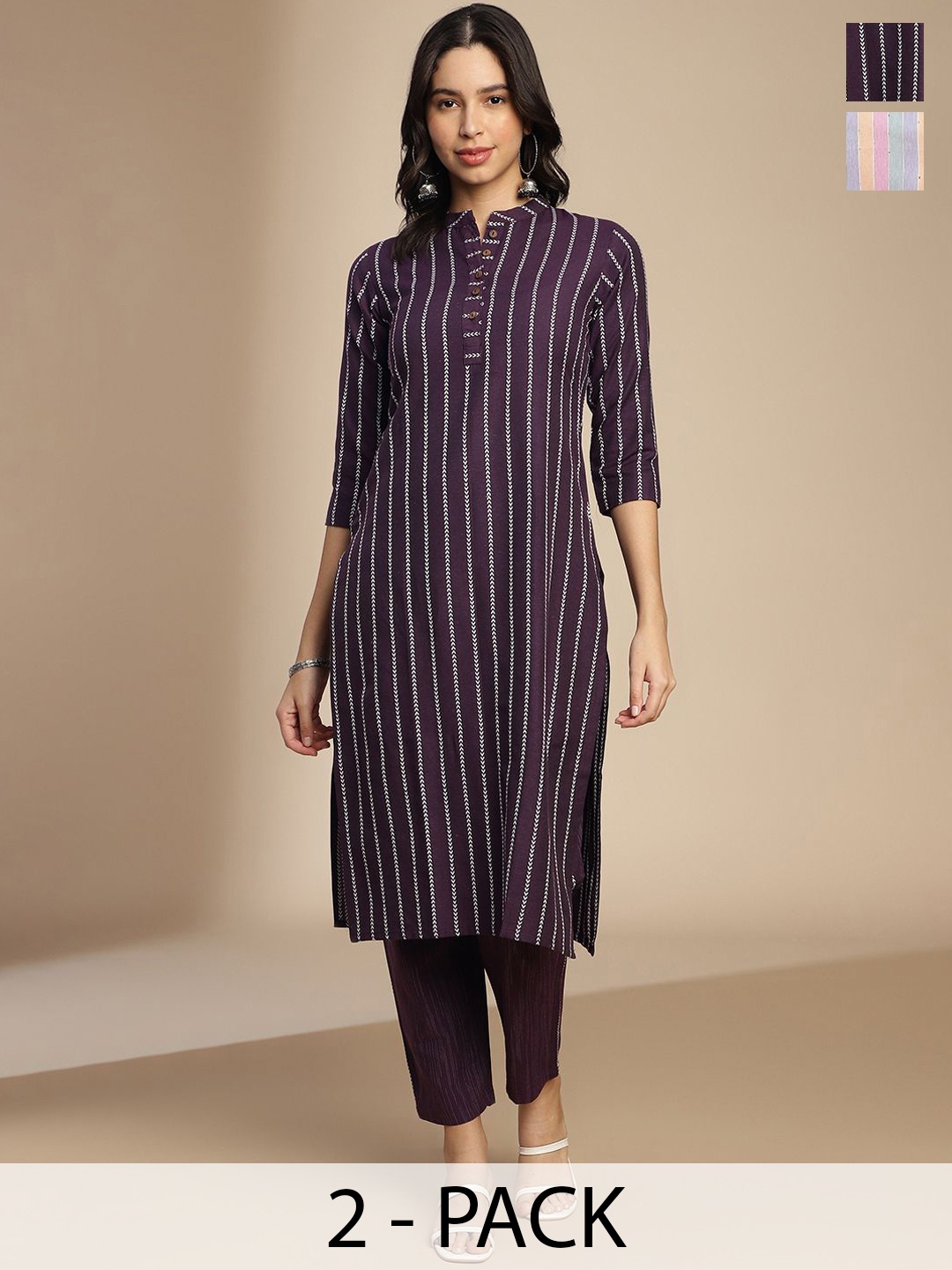 

KALINI Selection Of 2 Striped Mandarin Collar Straight Kurtas, Violet