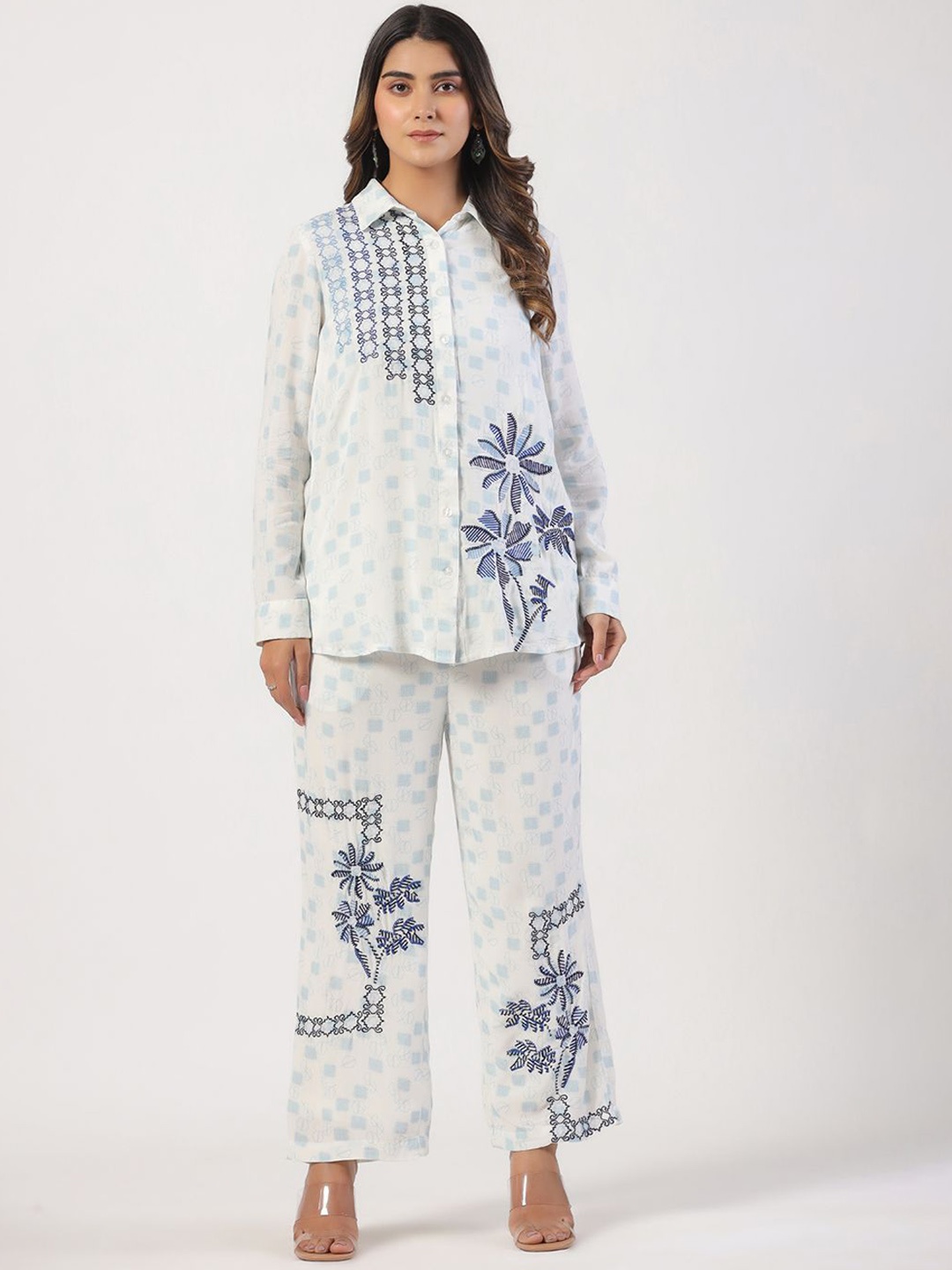 

STIL O STITCH Floral Printed Shirt Collar Shirt With Trousers, White