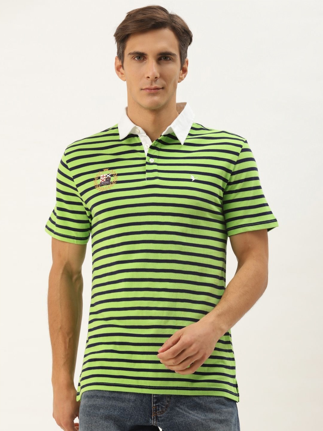 

AMSWAN Men Striped Polo Collar Applique T-shirt, Green