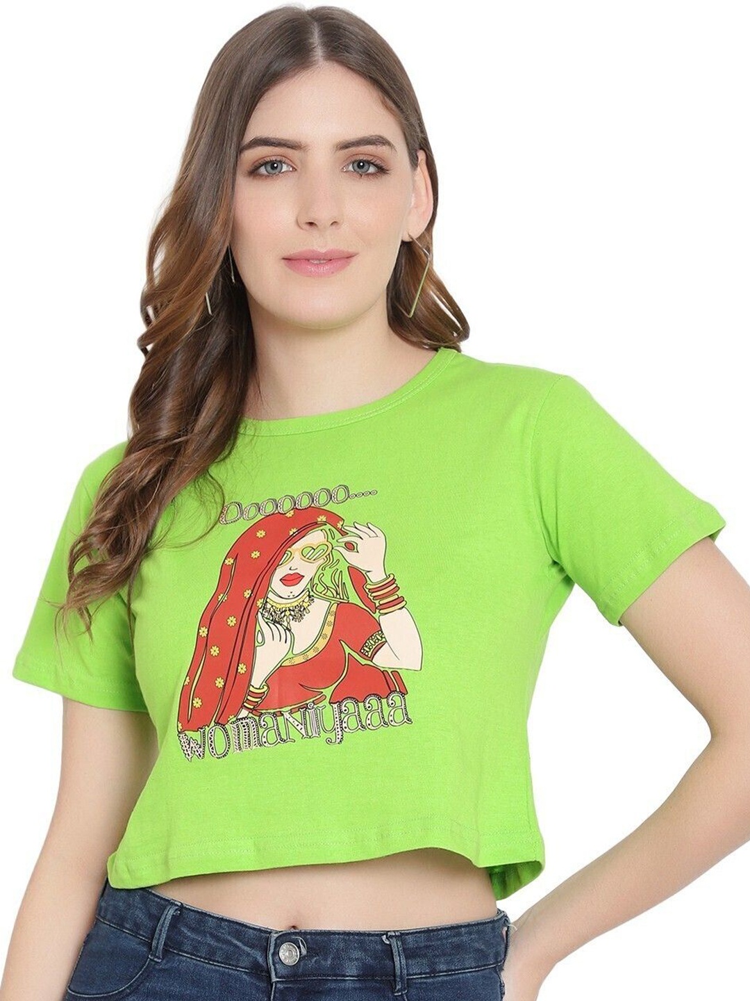 

DEEPMAYRA COLLECTION Women Graphic Printed Cotton Crop Tshirt, Lime green