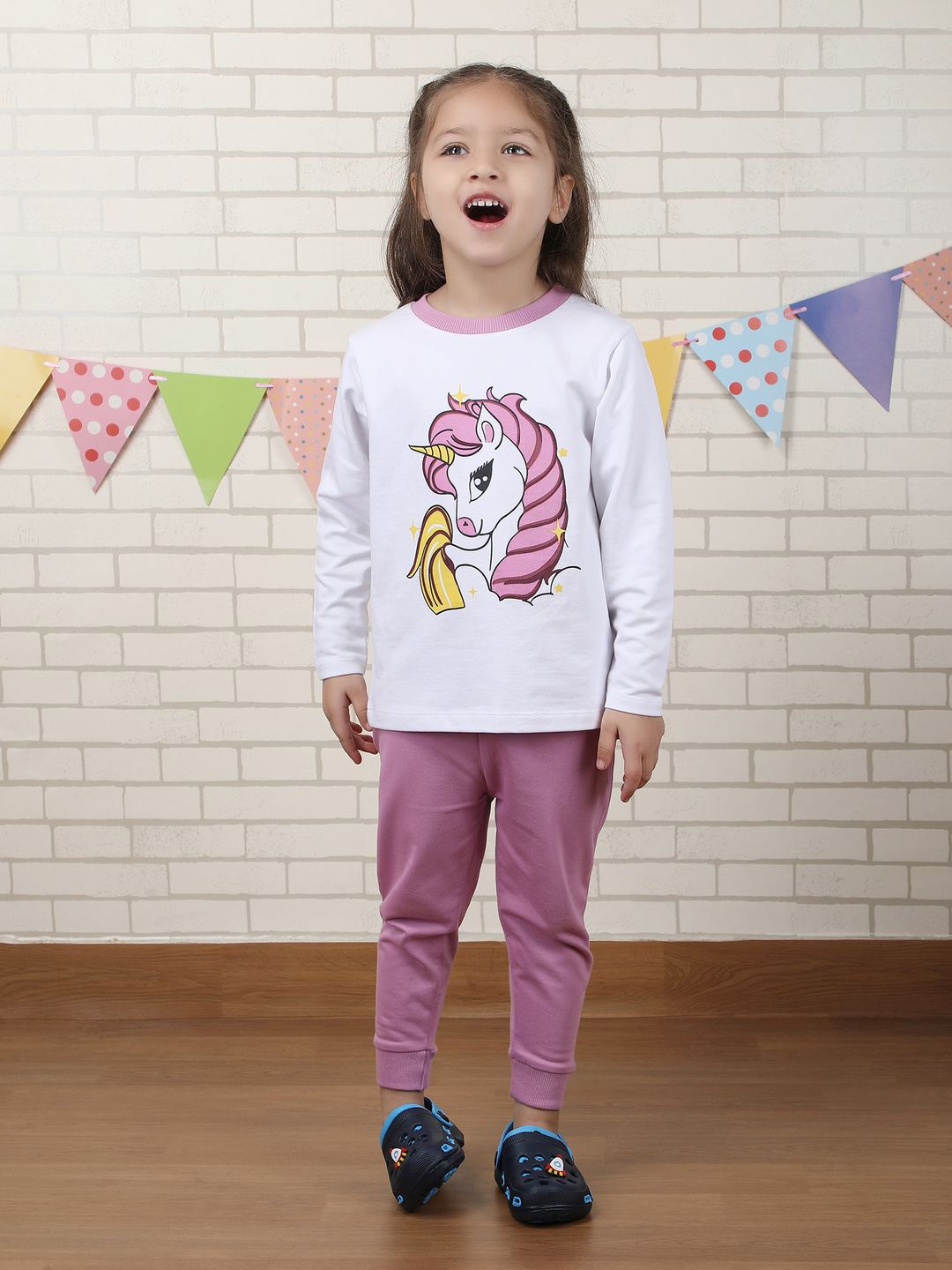 

Polka Tots Girls Printed Round Neck Pure Cotton T-Shirt With Jogger, Purple