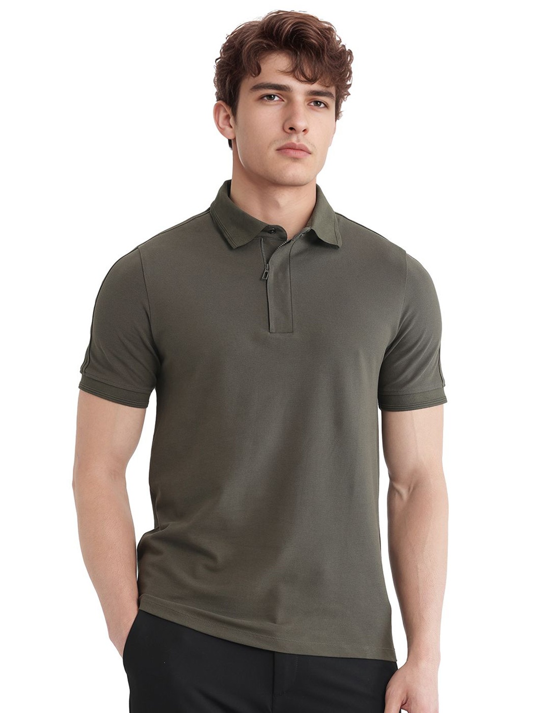 

RARE RABBIT Men Solid Polo Collar Cotton T-shirt, Olive