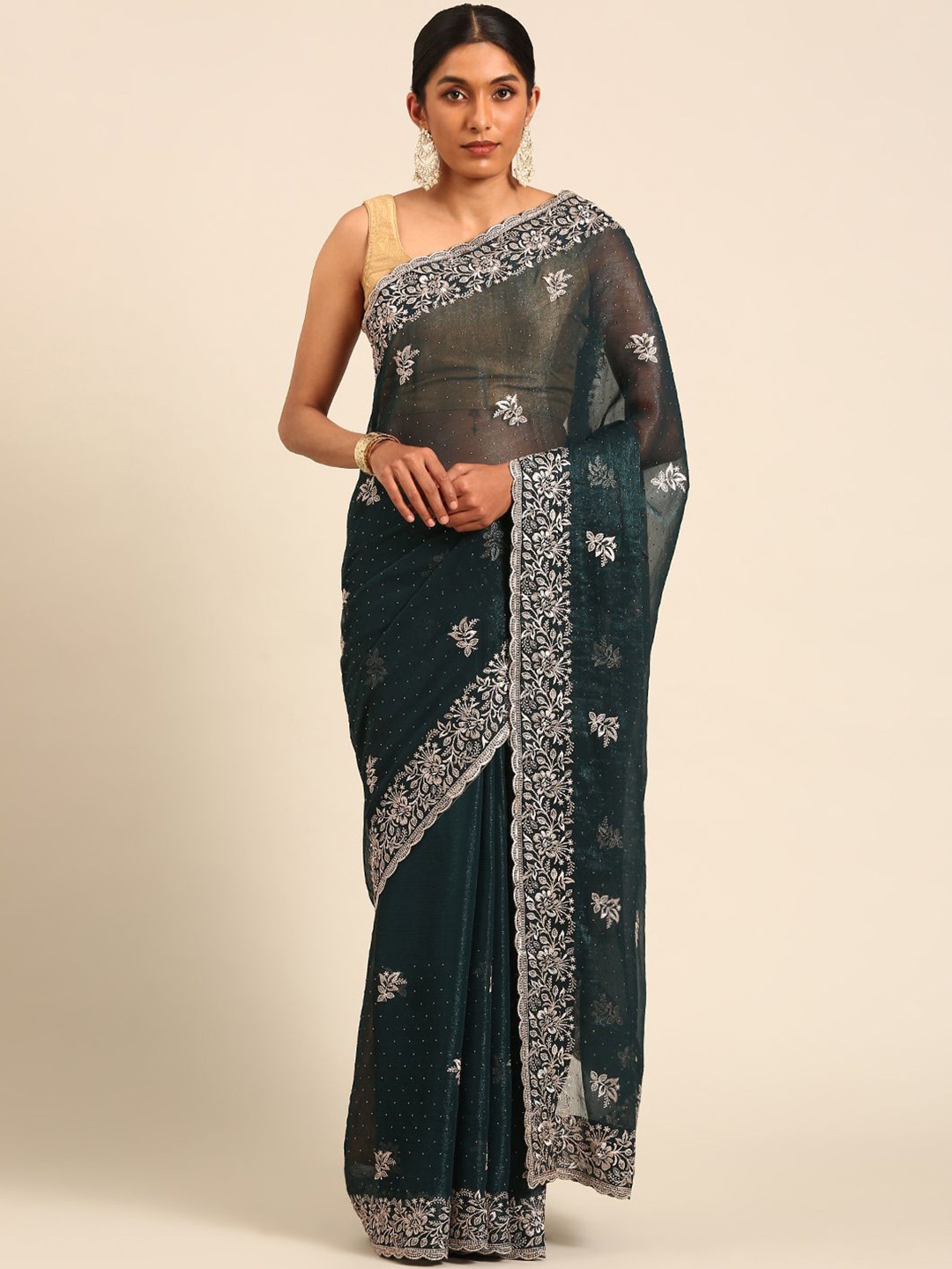 

Panzora Embellished Embroidered Saree, Teal