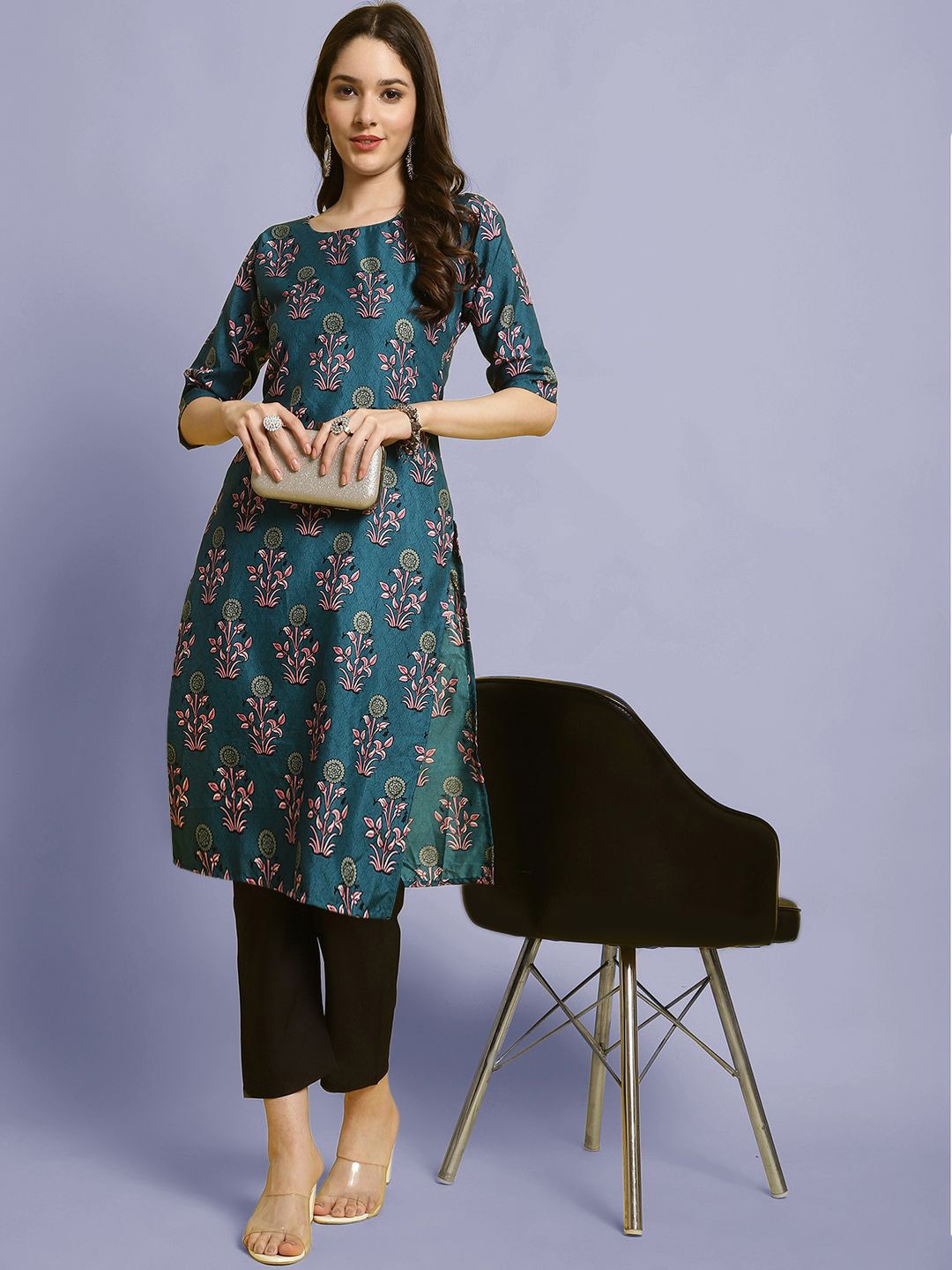 

Moda Rapido Floral Printed Round Neck Straight Kurta With Trouser, Teal