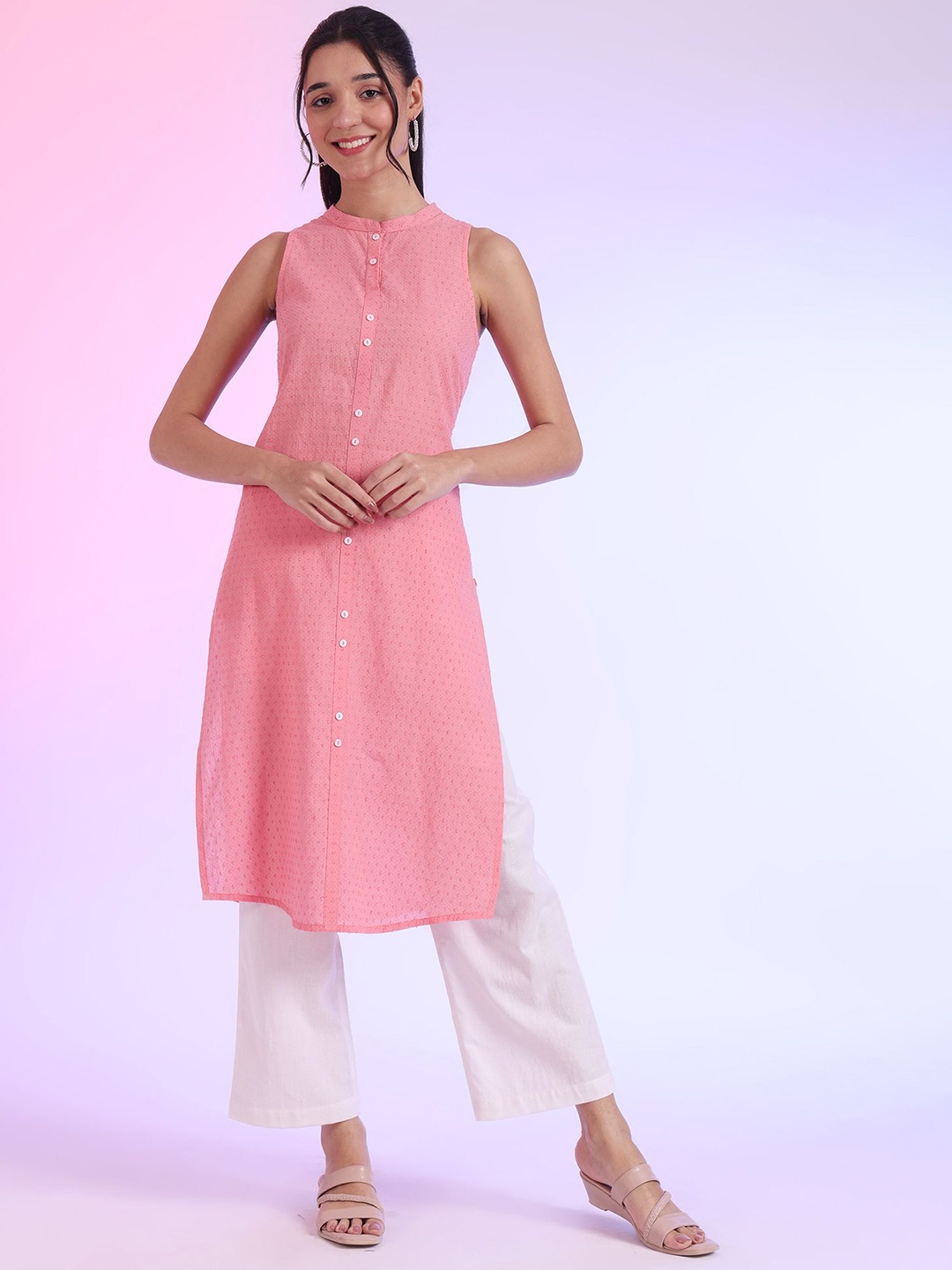 

AURELIA Geometric Woven Design Thread Work Mandarin Collar Pure Cotton Straight Kurta, Pink