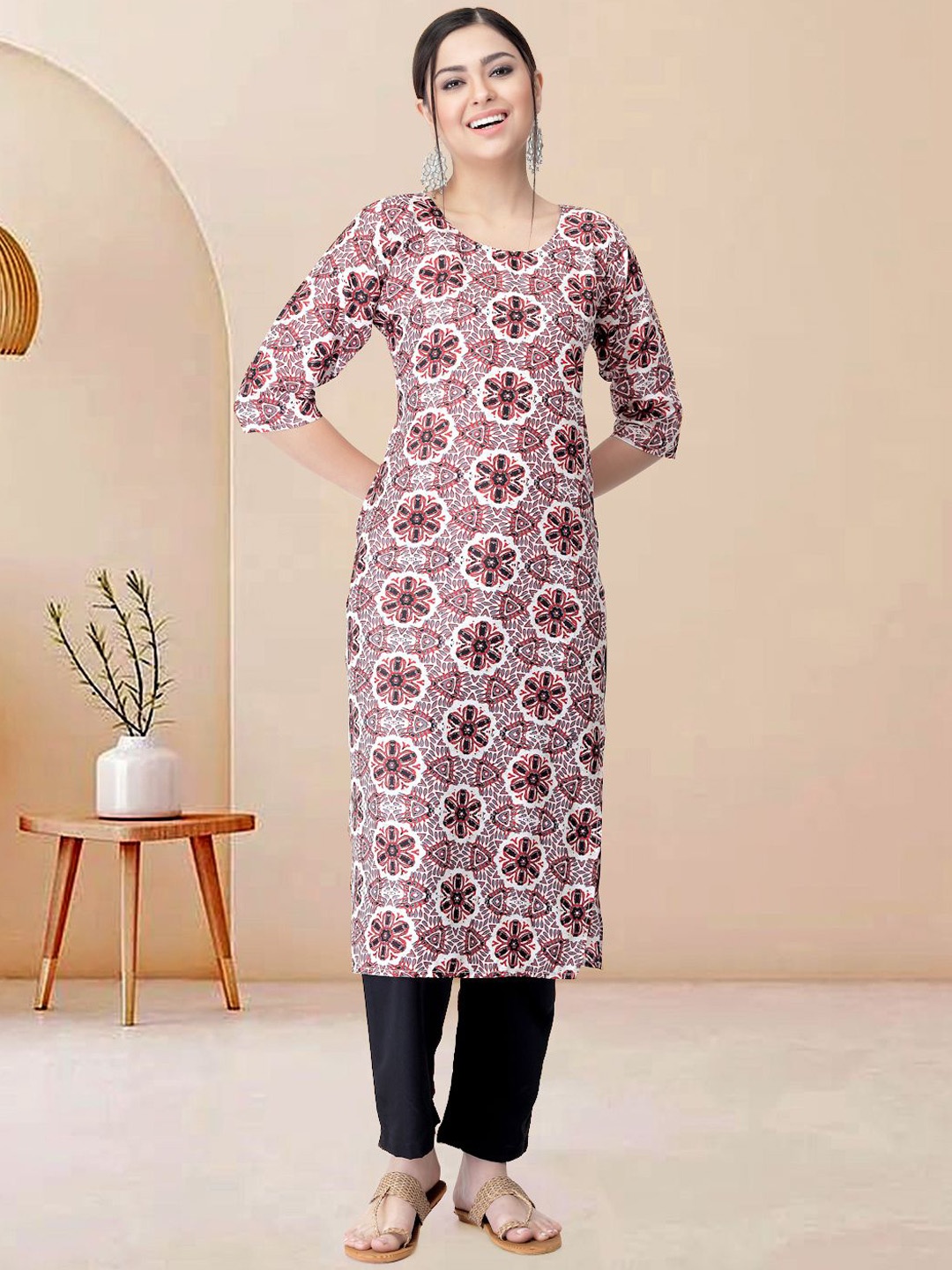 

Moda Rapido Ethnic Motifs Printed Round Neck Straight Kurta With Trousers, Red