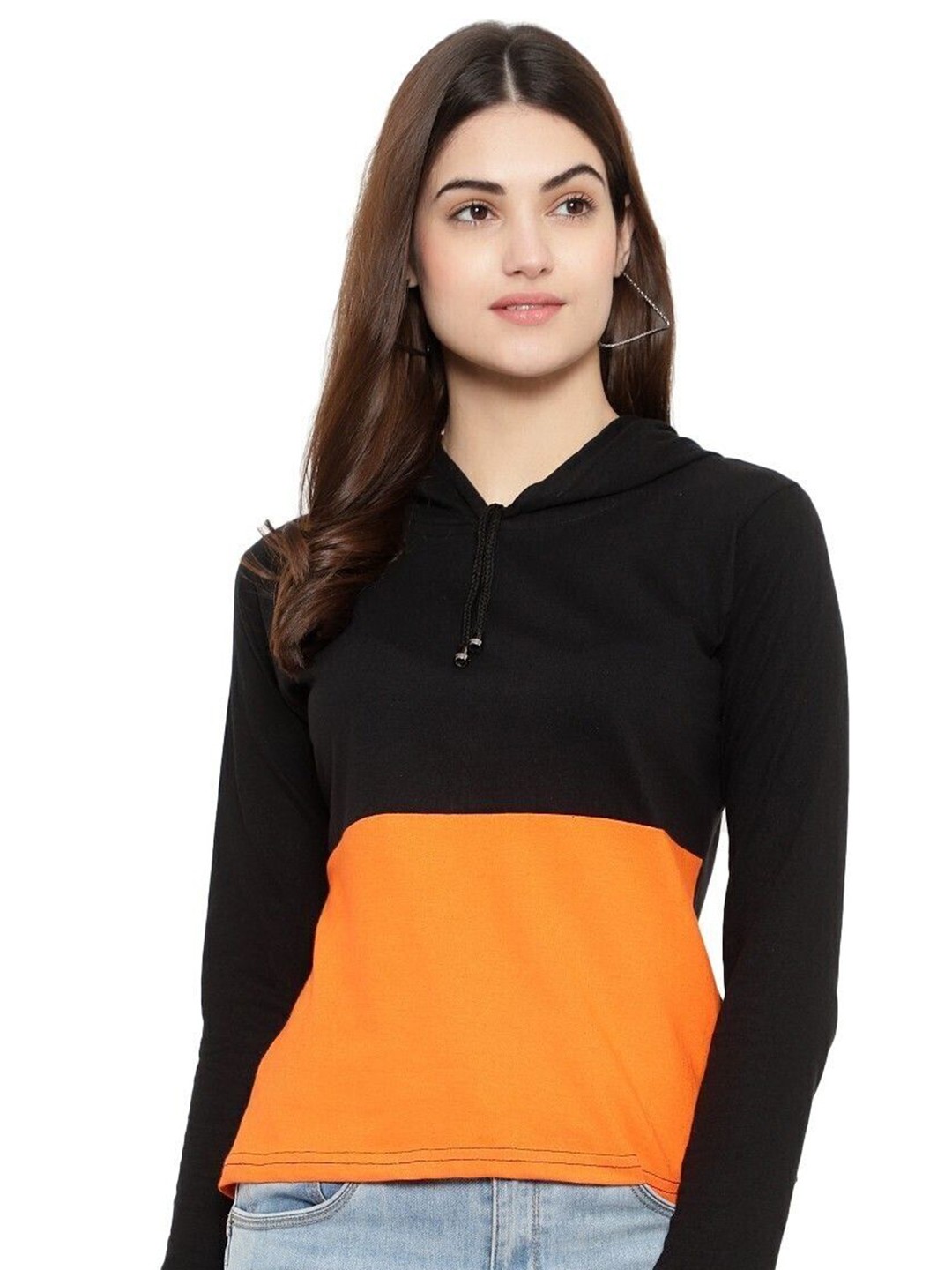 

DEEPMAYRA COLLECTION Women Colourblocked Hood Cotton T-shirt, Orange