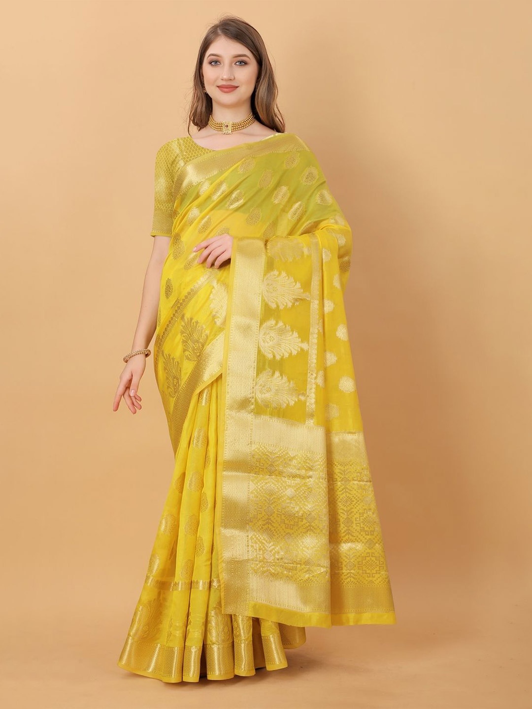 

DHRUTI CREATION Woven Design Organza Saree, Yellow