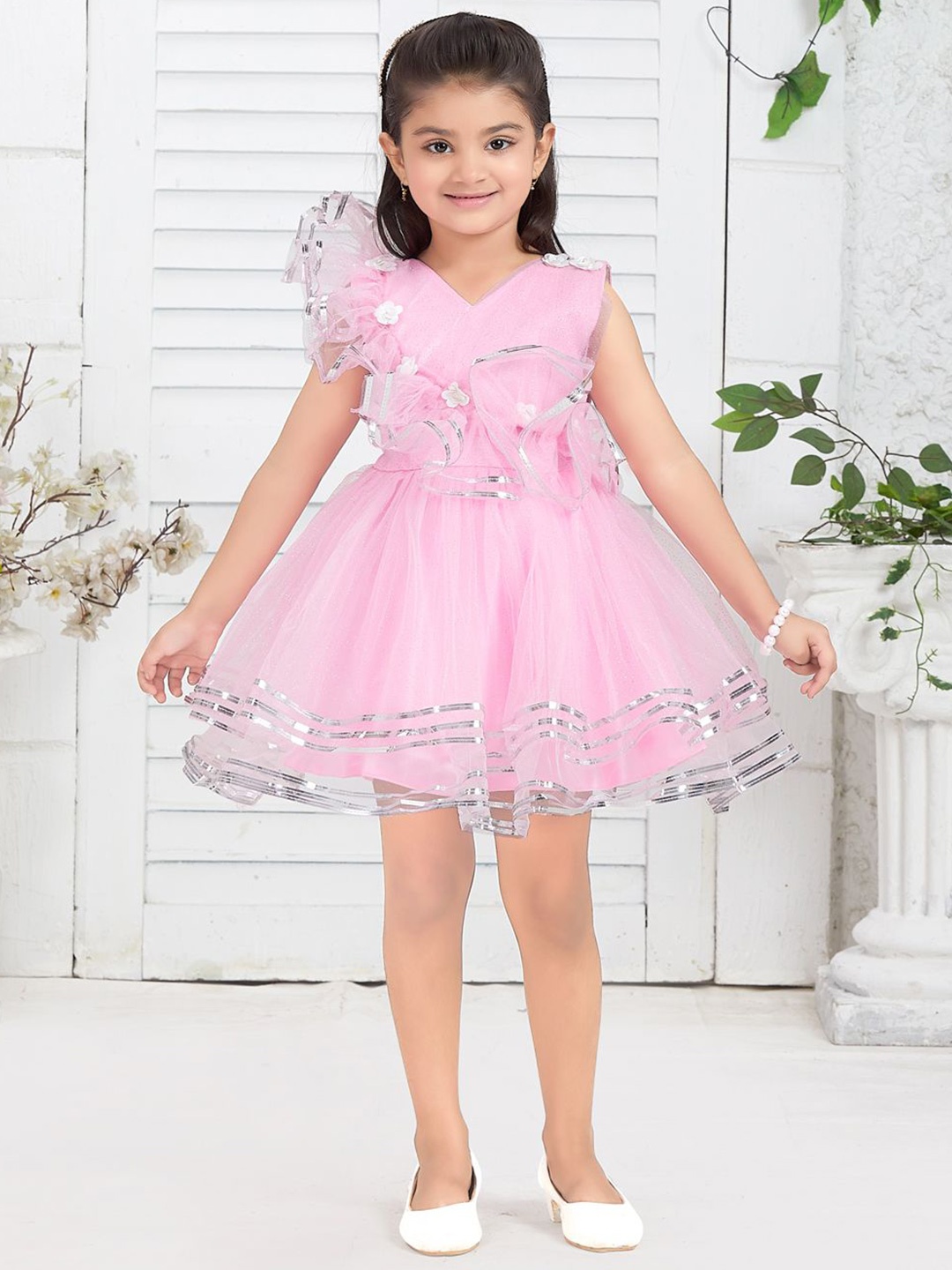 

Sangria Girls Self Design Net Fit & Flared Dress, Pink