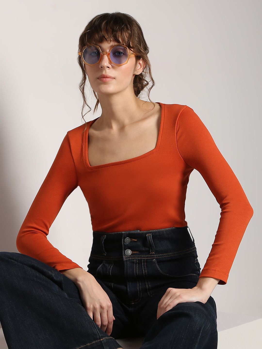 

Vero Moda Women Square Neck Long Sleeves Cotton Fitted Top, Rust