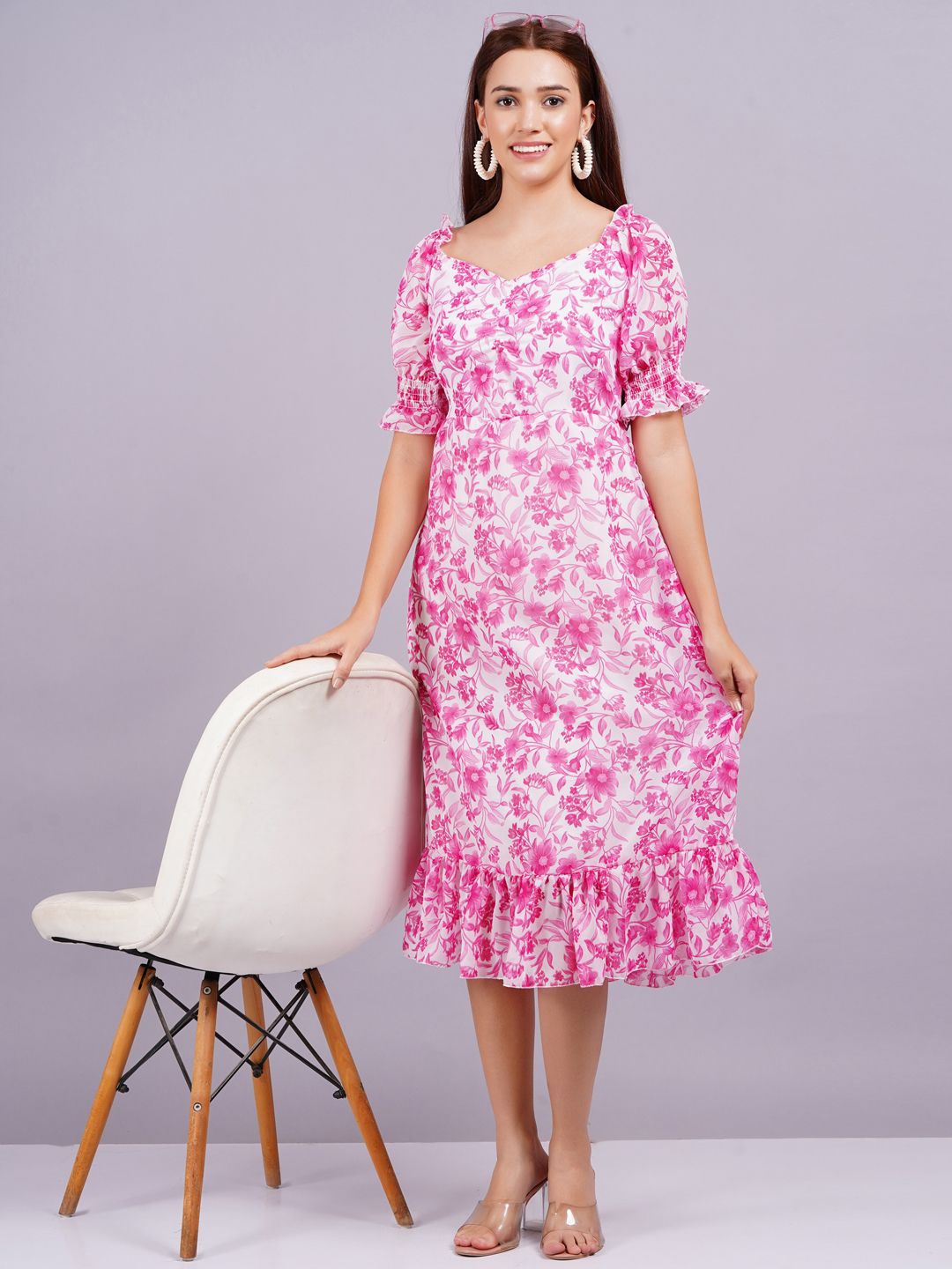 

BPT DESIGNER Floral Print Georgette Fit & Flare Midi Dress, Pink
