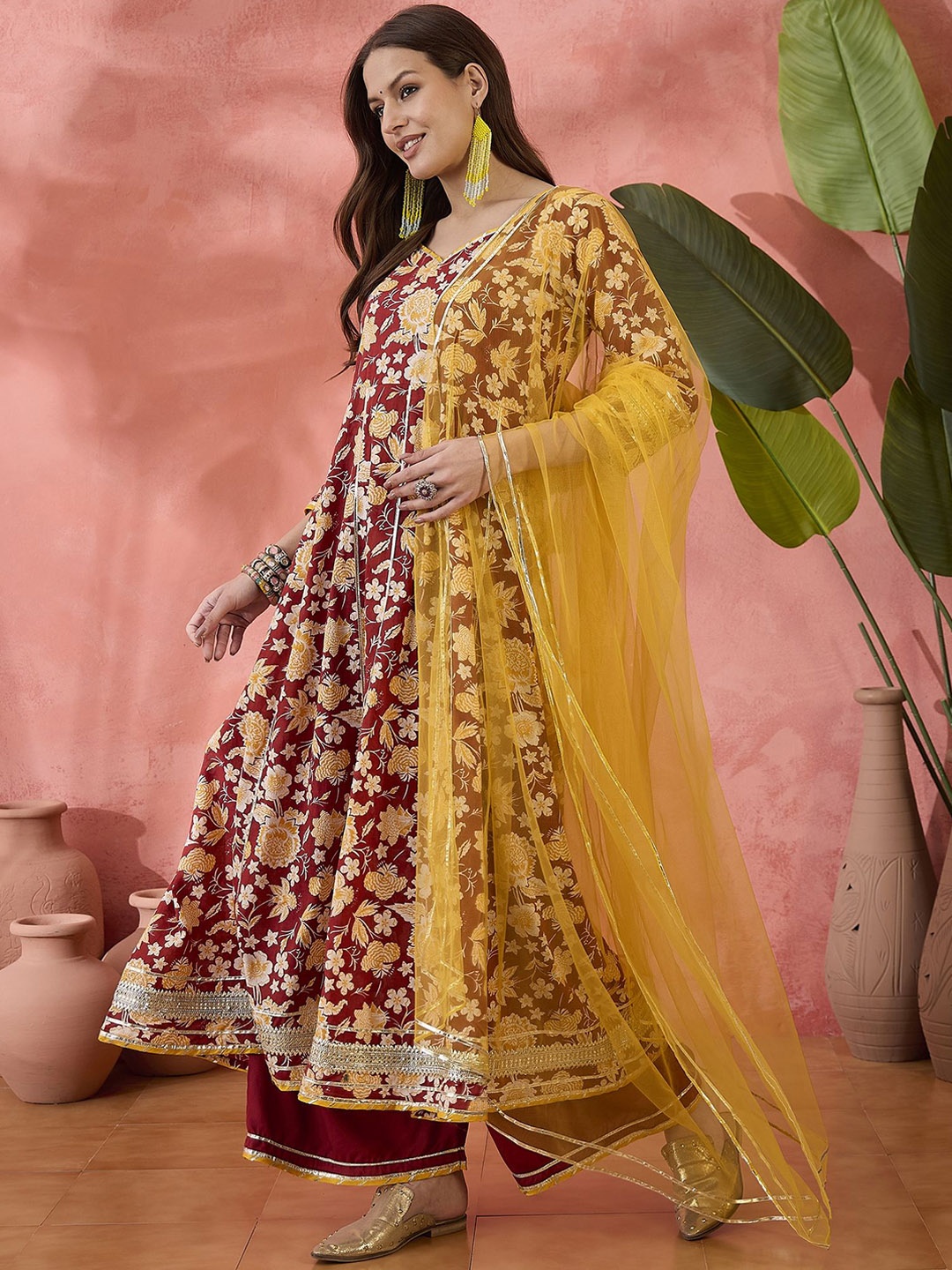 

Sangria Rust Floral Printed Anarkali Pure Cotton Kurta With Palazzos And Dupatta