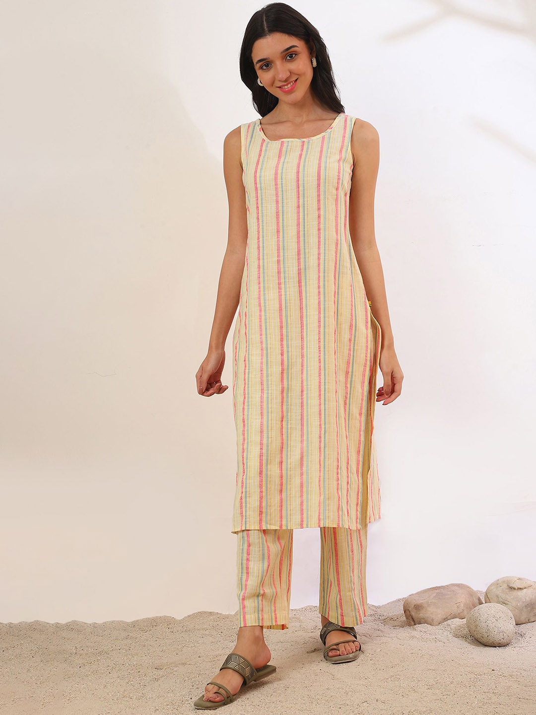 

AURELIA Striped Woven Design Round Neck Straight Kurta With Palazzos, Yellow