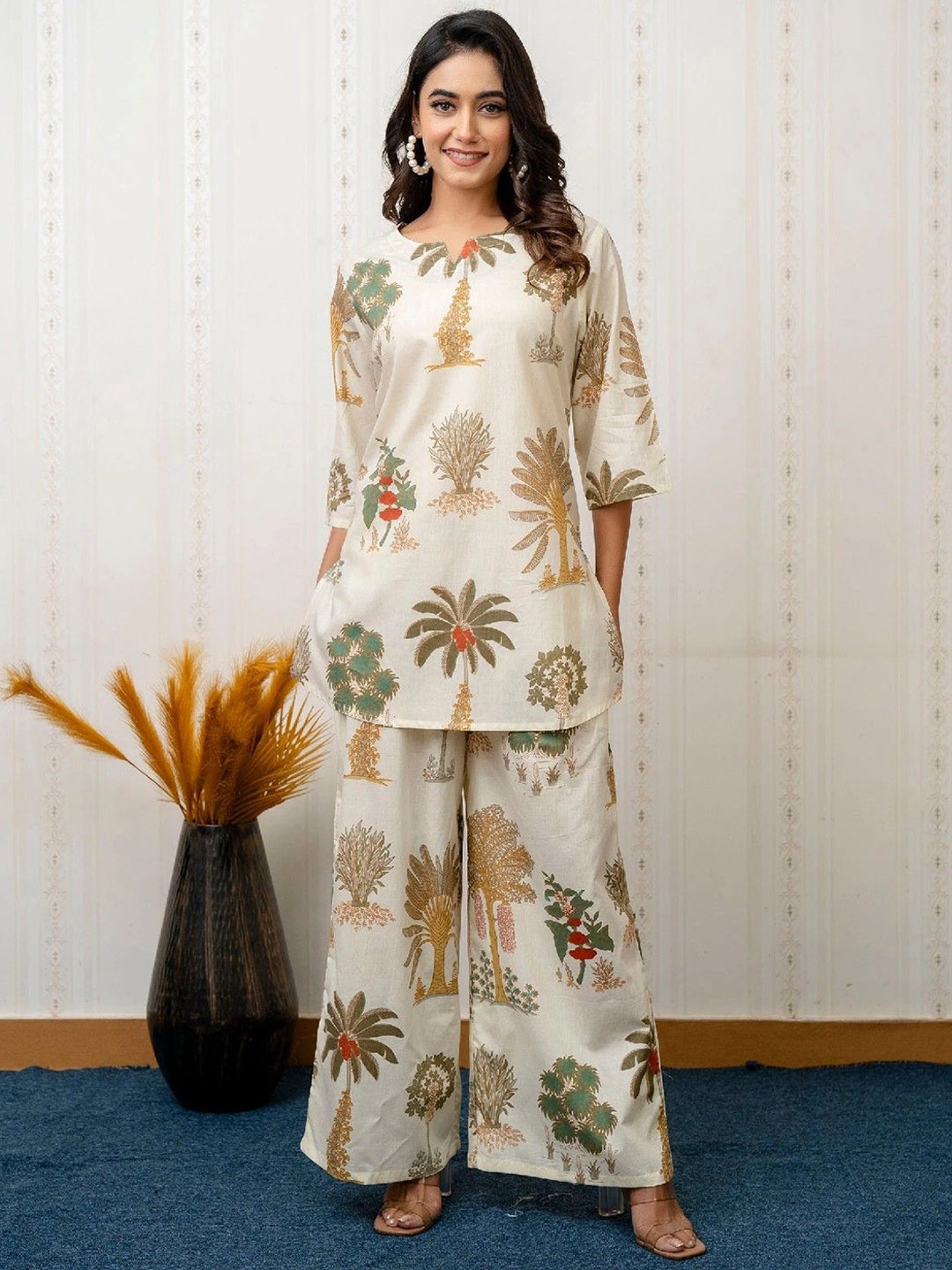 

Acriine Floral Printed Pure Cotton Notch-Neck Tunic With Palazzo, Off white