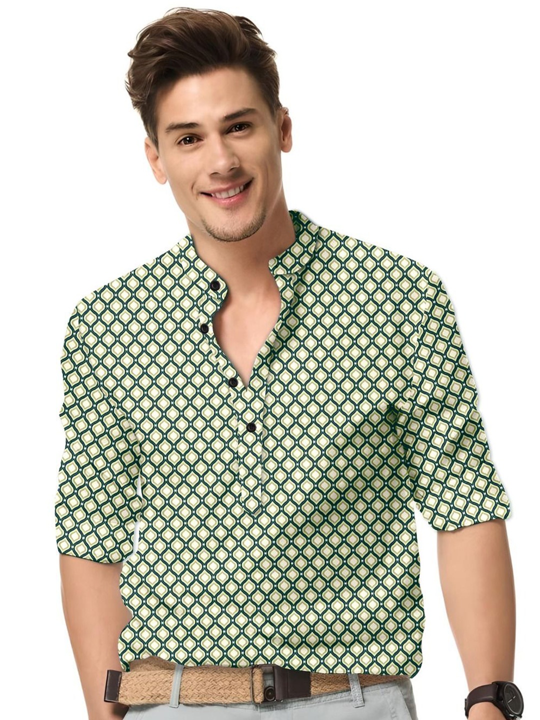 

ISUEL FAB Men Geometric Printed India Slim Fit Casual Shirt, Green