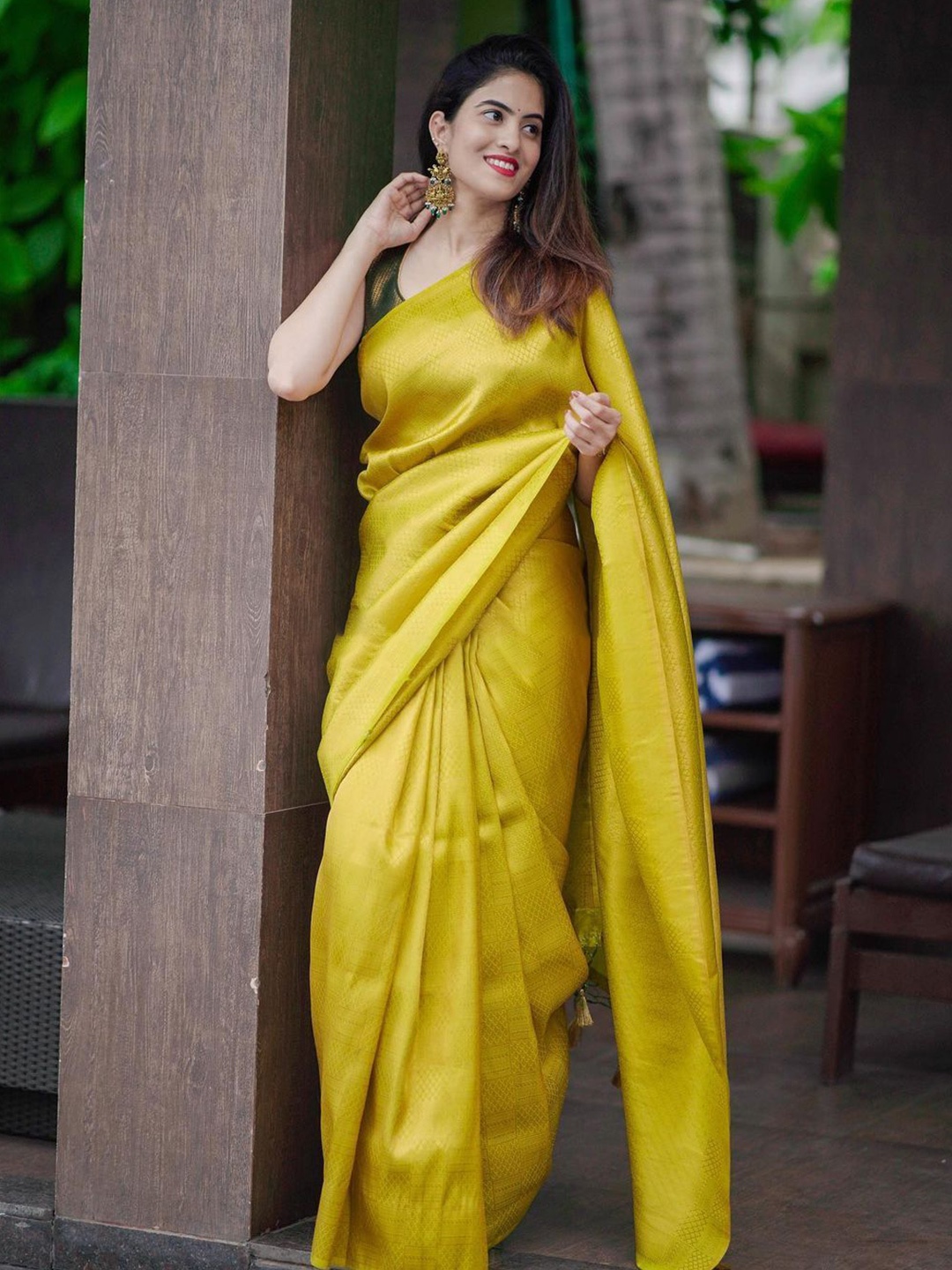 

Krimmple Solid Woven Design Saree, Mustard