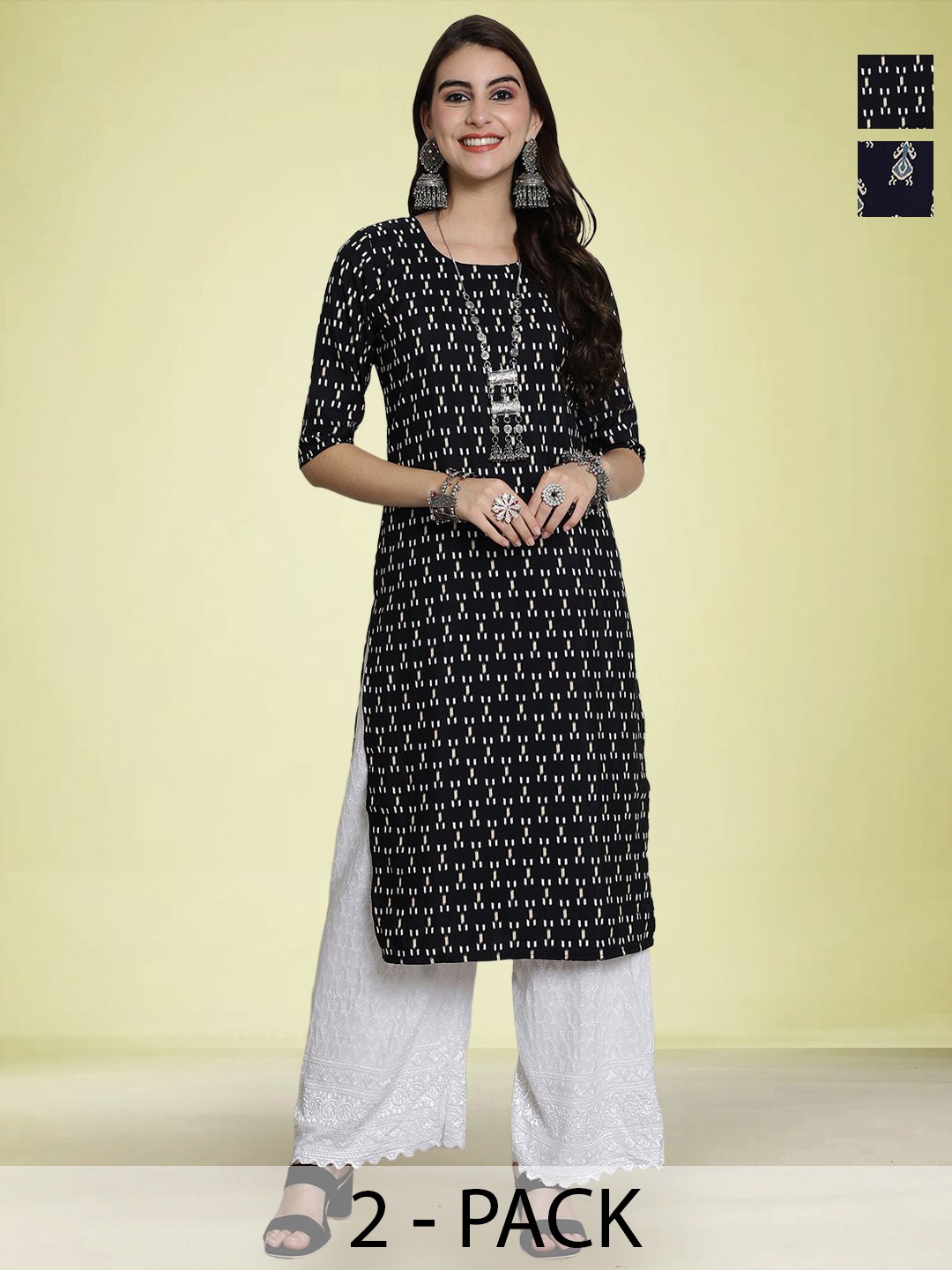 

Moda Rapido Selection Of 2 Geometric Printed Round Neck Straight Kurtas, Black