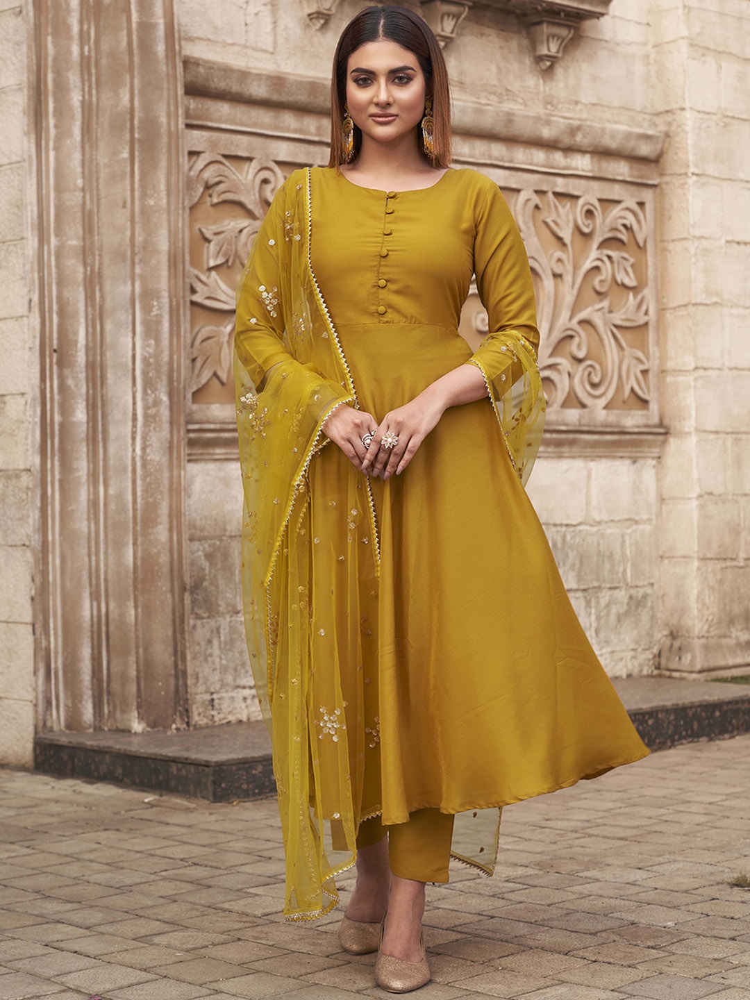 

Tikhi Imli Yellow Round Neck Three-Quarter Sleeves Anarkali Kurta With Trousers & Dupatta