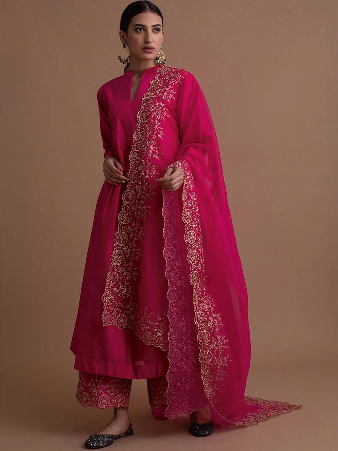 

Kedar Fab Empire Mandarin Collar Anarkali Kurta With Palazzos And Dupatta, Pink