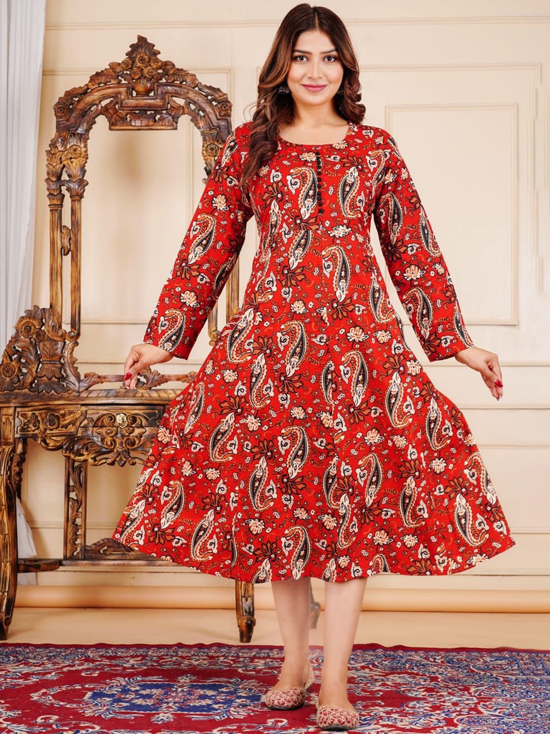 

Divsy Fashion Paisley Printed Round Neck Anarkali Ethnic Dress, Maroon