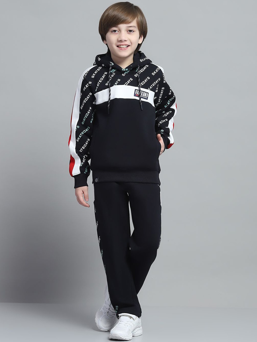 

Monte Carlo Boys Printed Hooded Full Sleeve Tracksuit, Navy blue