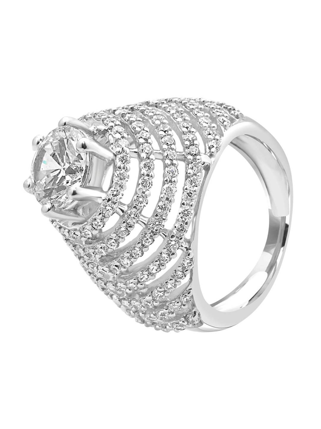 

925 SILLER 925 Sterling Silver Rhodium-Plated Cubic Zirconia-Studded Finger Ring