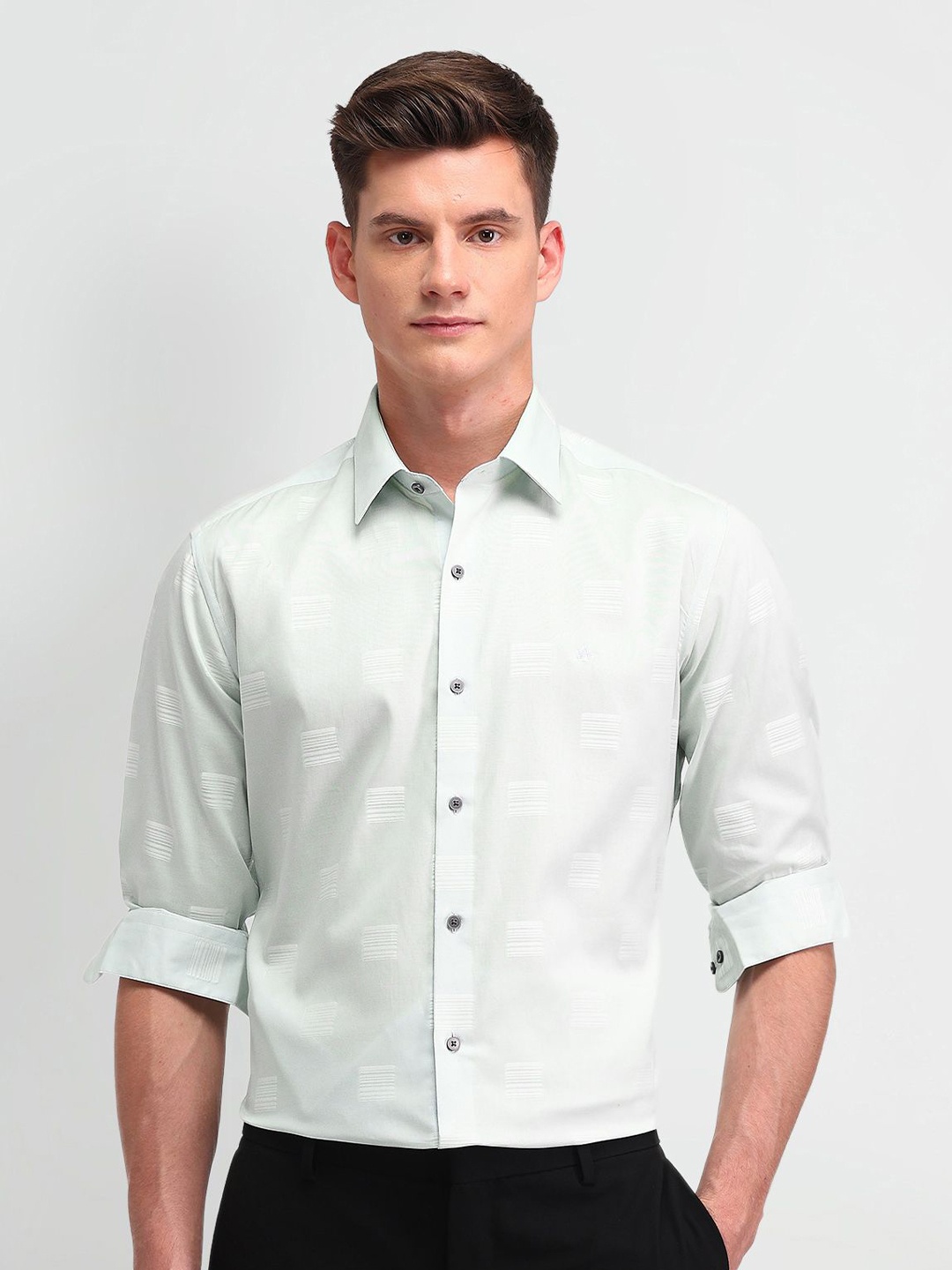 

Arrow New York Men Slim Fit Spread Collar Geometric Printed Cotton Formal Shirt, Green