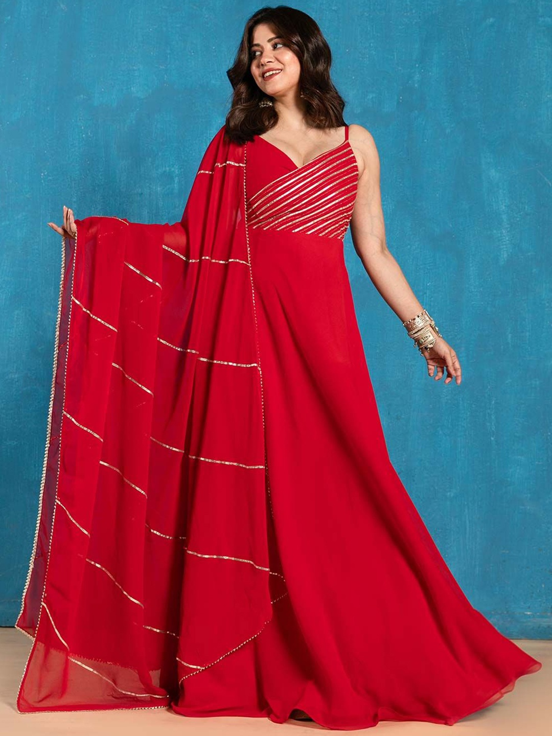 

NUD Shoulder Strap Sleeveless Angrakha Gotta Patti Georgette Anarkali Kurta With Dupatta, Red