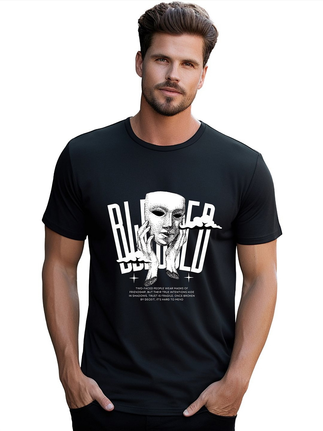 

BOWLIFESTYLE Men Graphic Printed Round Neck Cotton T-shirt, Black