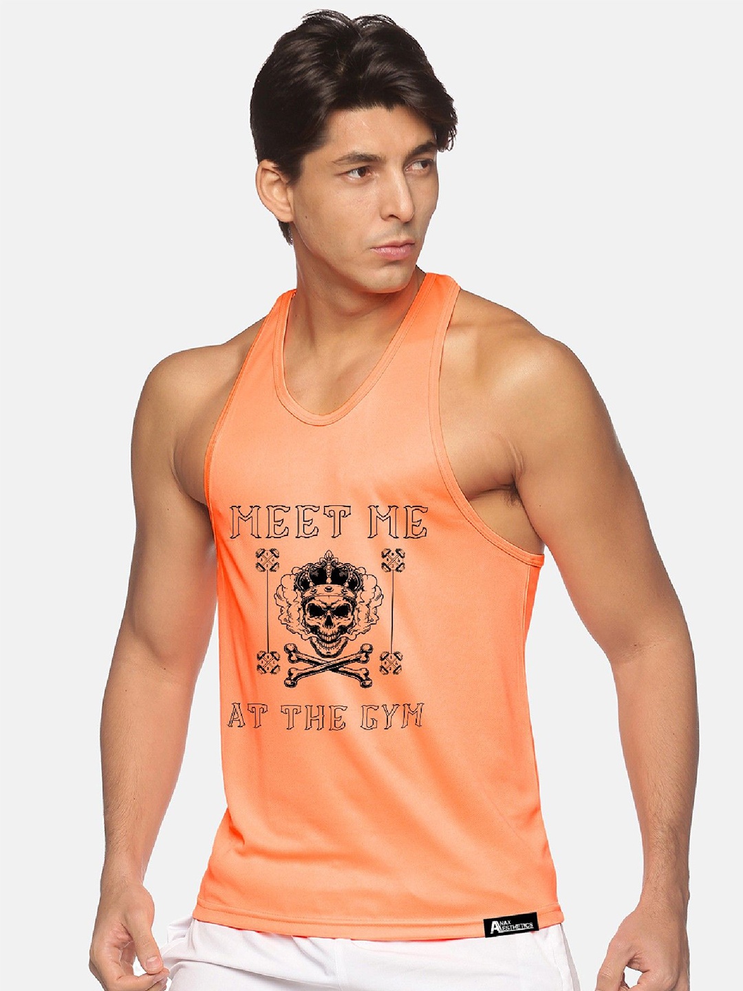 

Anax Aesthetics Men Polyester Dri-Fit Printed Sleeveless Sando Gym Vest Stringer Tank Top, Orange