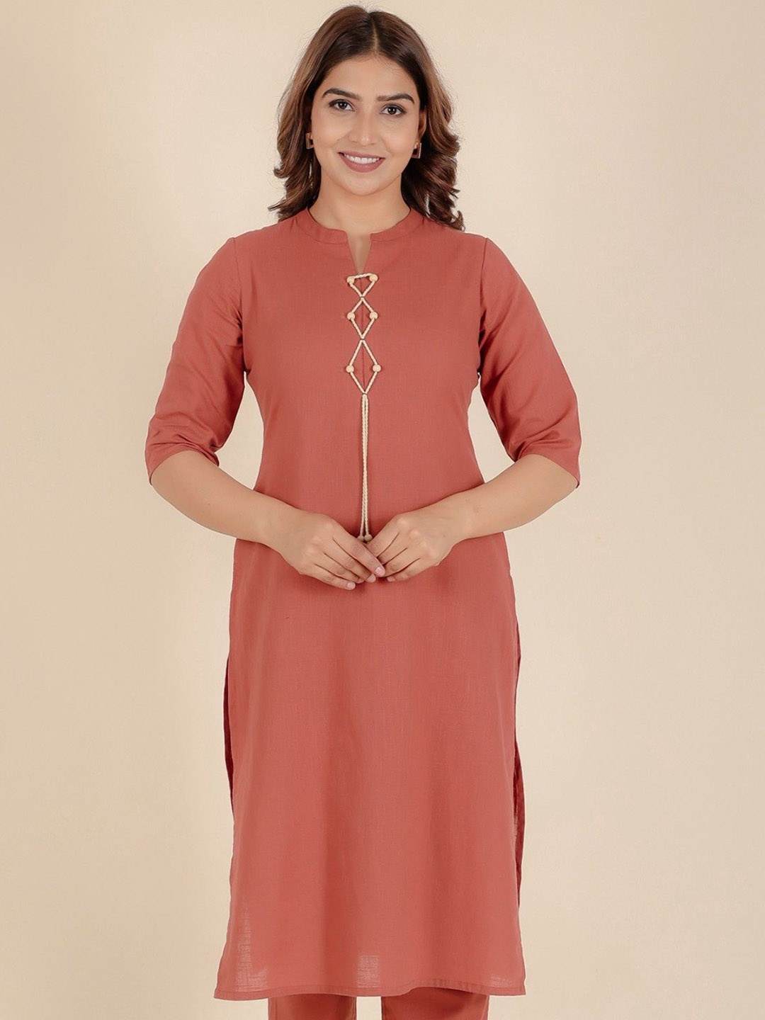 

Aramya Mandarin Collar Pure Khadi Straight Kurtas, Brown