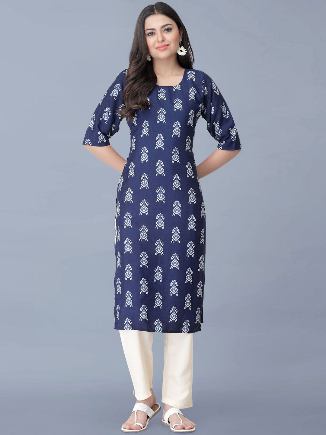 

Moda Rapido Floral Printed Round Neck Straight Kurta With Trouser, Blue