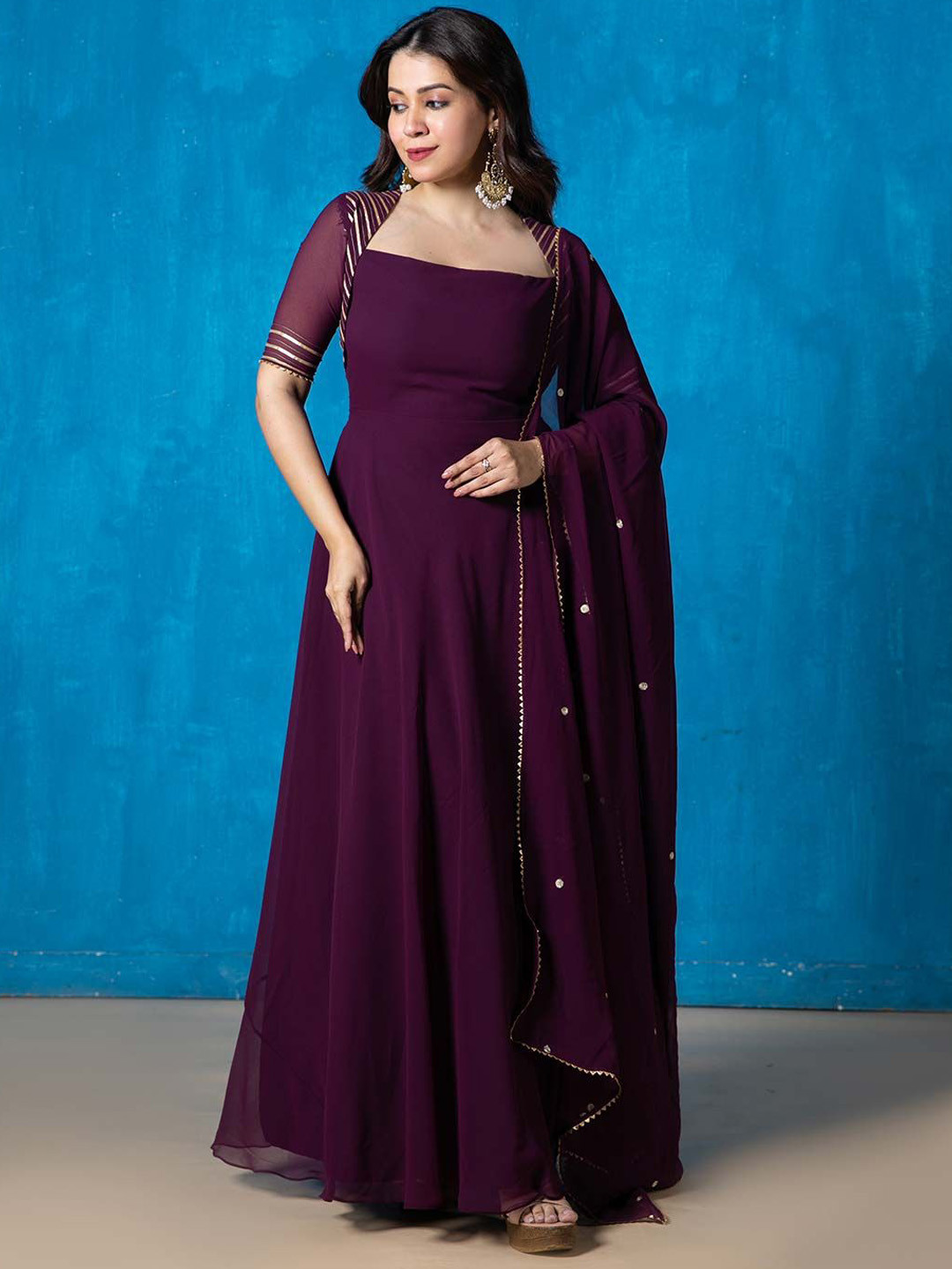 

NUD Square Neck Gotta Patti Georgette Anarkali Kurta With Dupatta, Violet