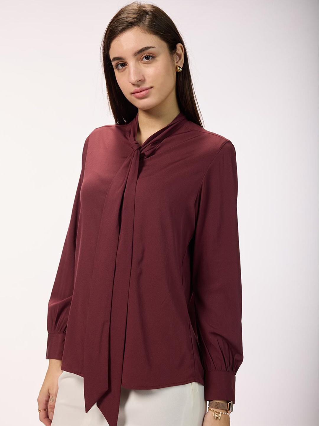 

Bombay High Women Relaxed Fit Tie-up Neck Solid Semiformal Shirt, Maroon