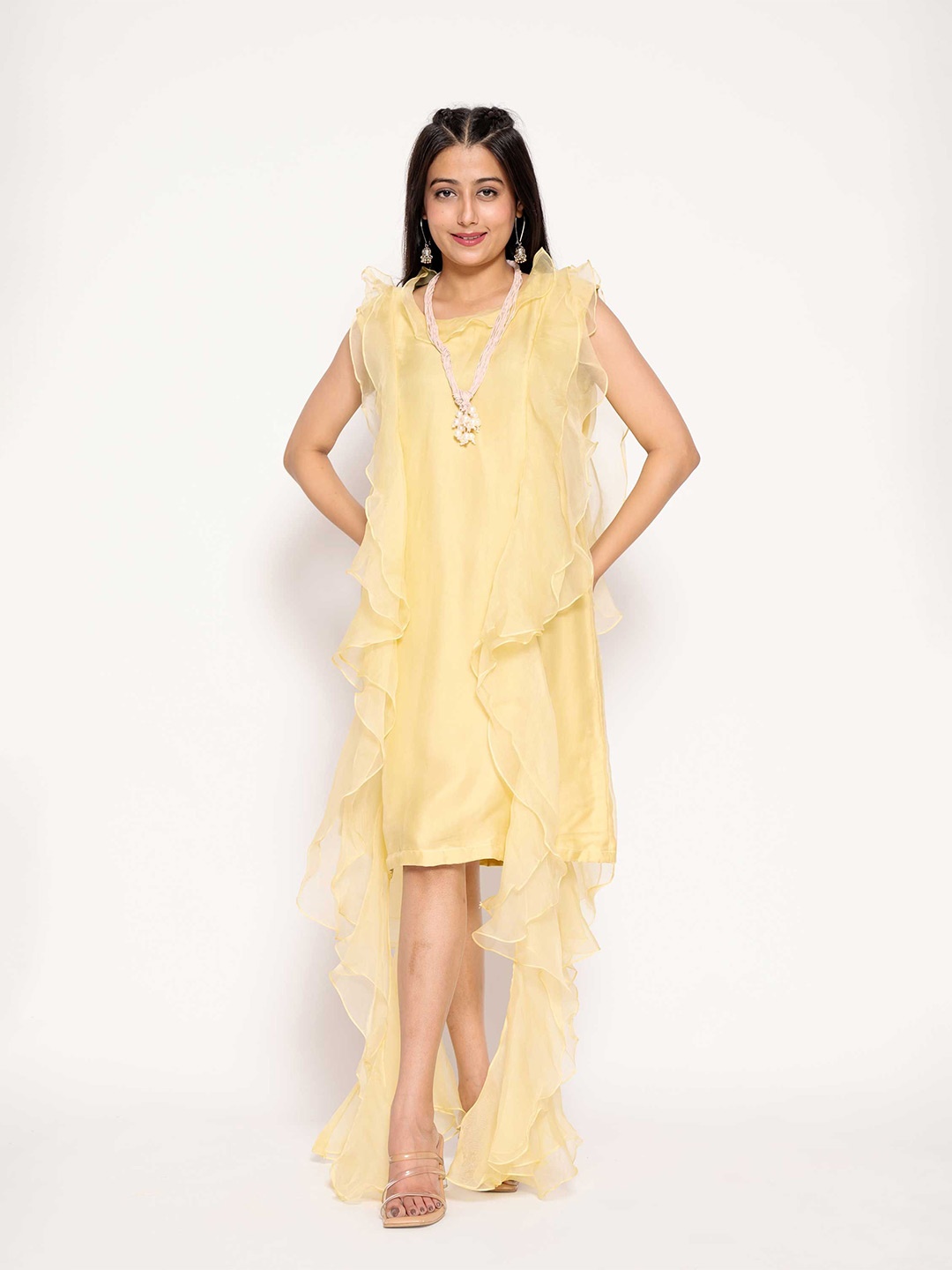 

AFFAIRE'S BY LEVELL5 Satin A-Line Dress With Ruffles, Yellow