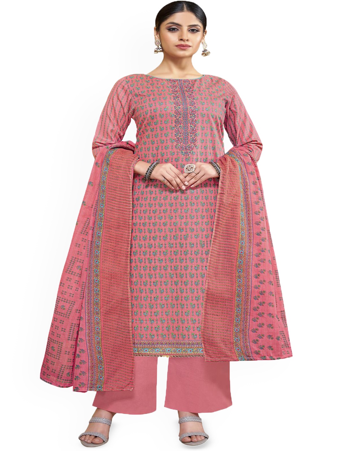 

DRAVINAM Trends Embroidered Pure Cotton Unstitched Dress Material, Peach