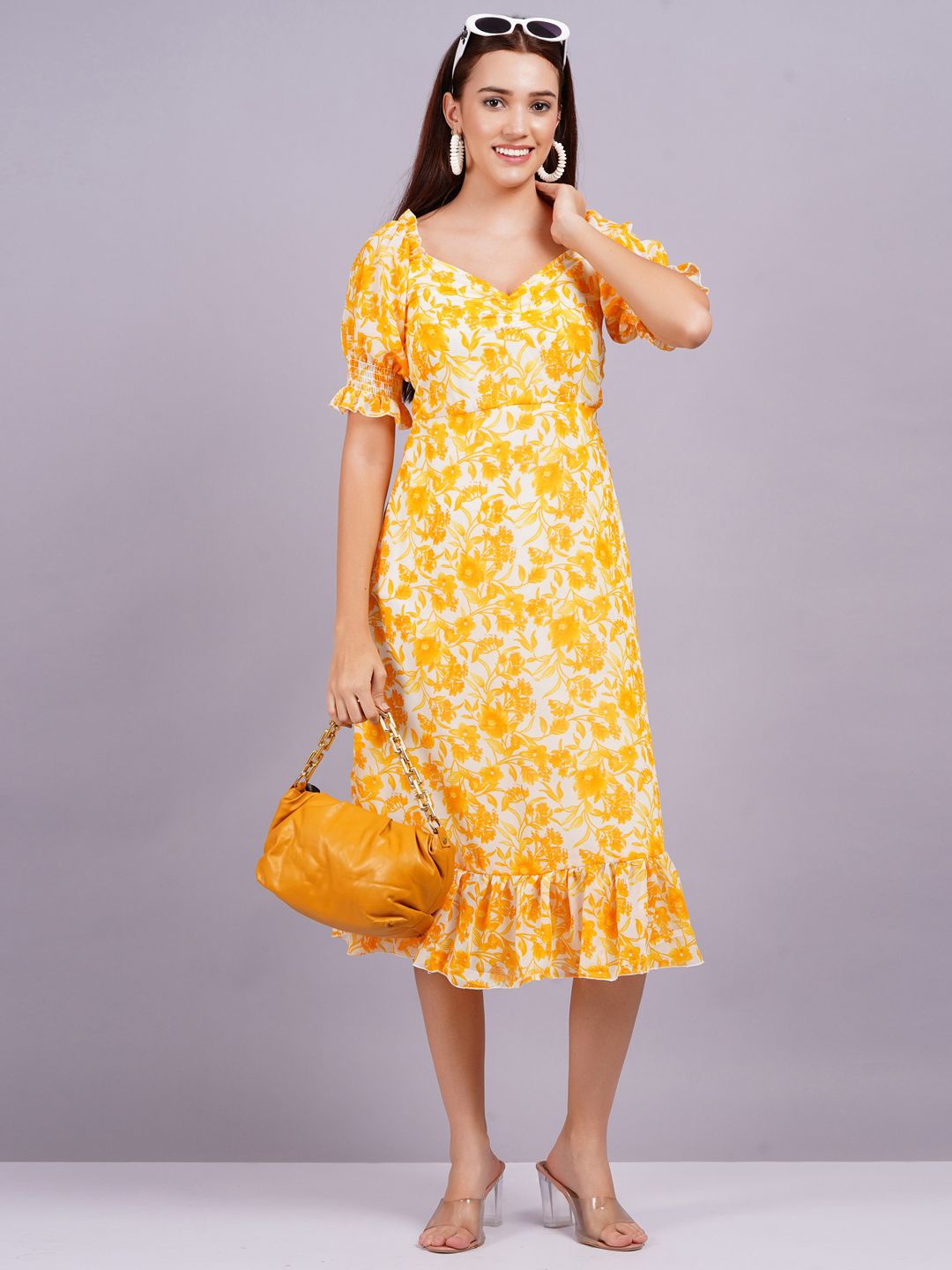 

BPT DESIGNER Floral Printed Georgette Fit & Flare Midi Dress, Yellow