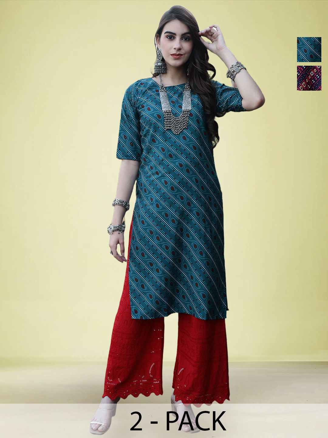 

Moda Rapido Selection of 2 Ethnic Motifs Printed Round Neck Straight Kurtas, Blue